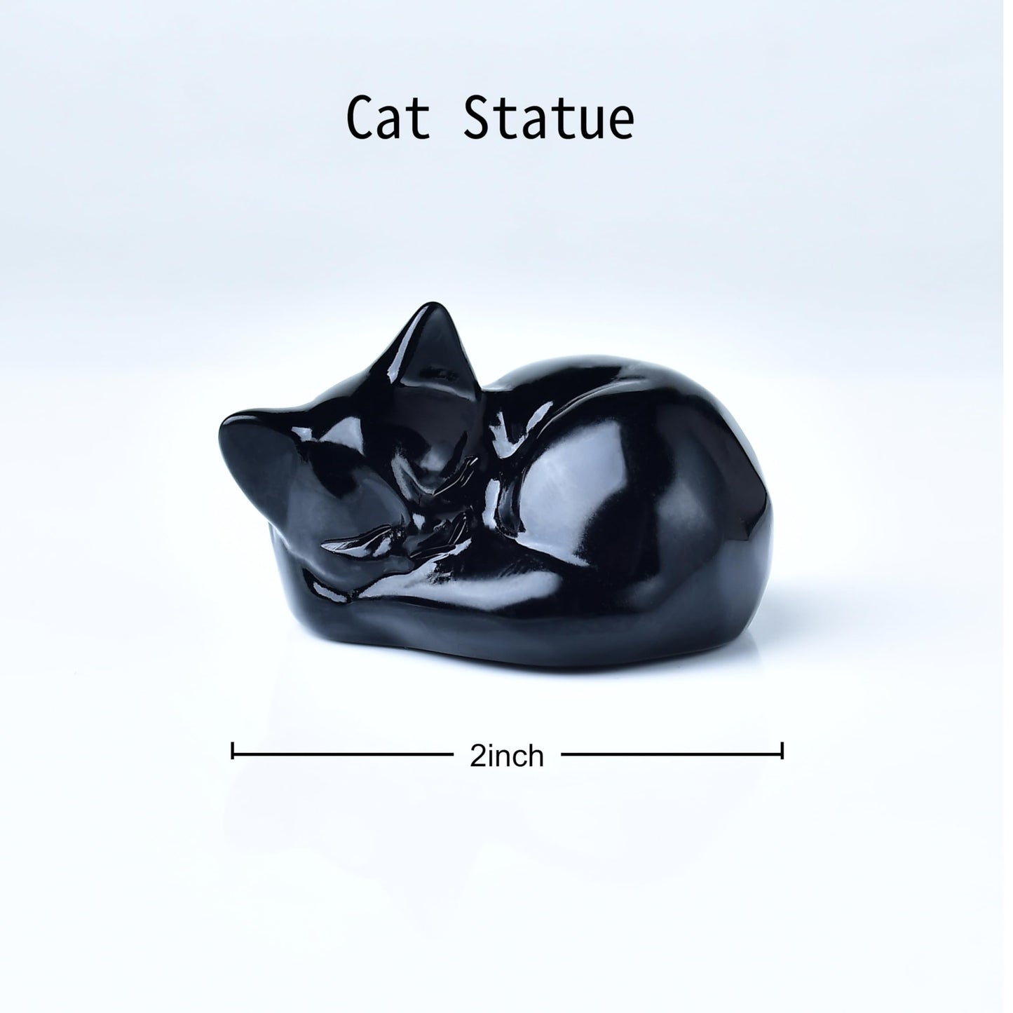 RUIJINGYUAN Black Obsidian Cat Statue - 2 Inch Hand Carved Healing Crystal Figurine, Sleeping Cat Stone Sculpture for Desk Decor, Office Home Gift for Cat Lovers