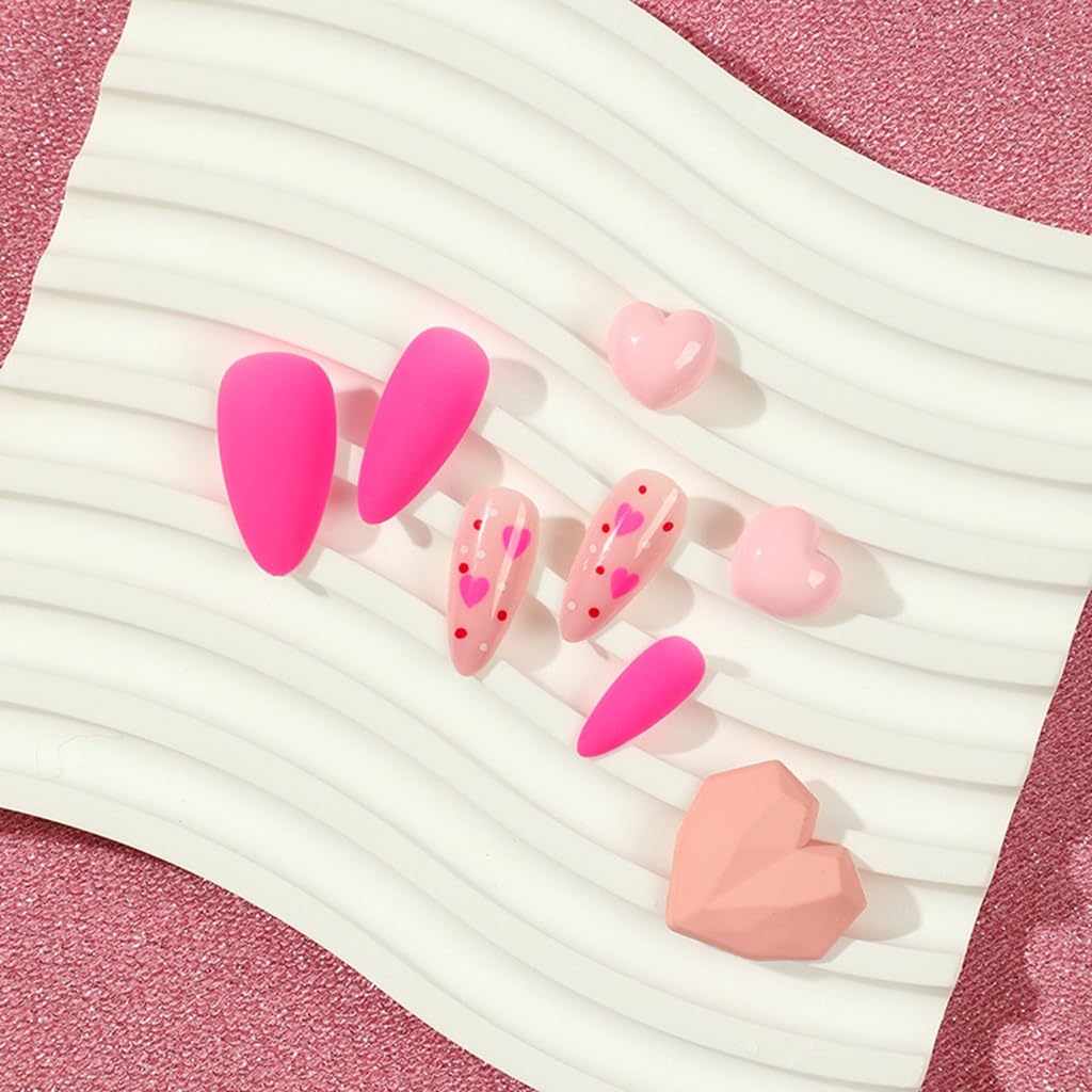 CTTHNBD Press on Nails Almond - Medium Fake Nails with Heart Design - Pink, Matte Full Cove Stick on False Nails for Women 24 Pcs
