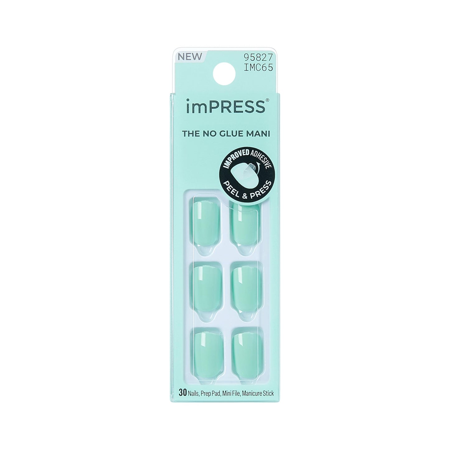 Kiss Impress No Glue Mani Press On Nails, Color, 'Get Closer', Green, Short Size, Squoval Shape, Includes 30 Nails, Prep Pad, Instructions Sheet, 1 Manicure Stick, 1 Mini File