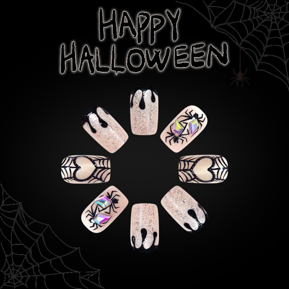 24Pcs Halloween Press on Nails Medium Square Fake Nails Spider and Spider Web Heart Design Stick on Nails Bling Diamond False Nails Full Cover Handmade Acrylic Glue on Nail for Women Manicure