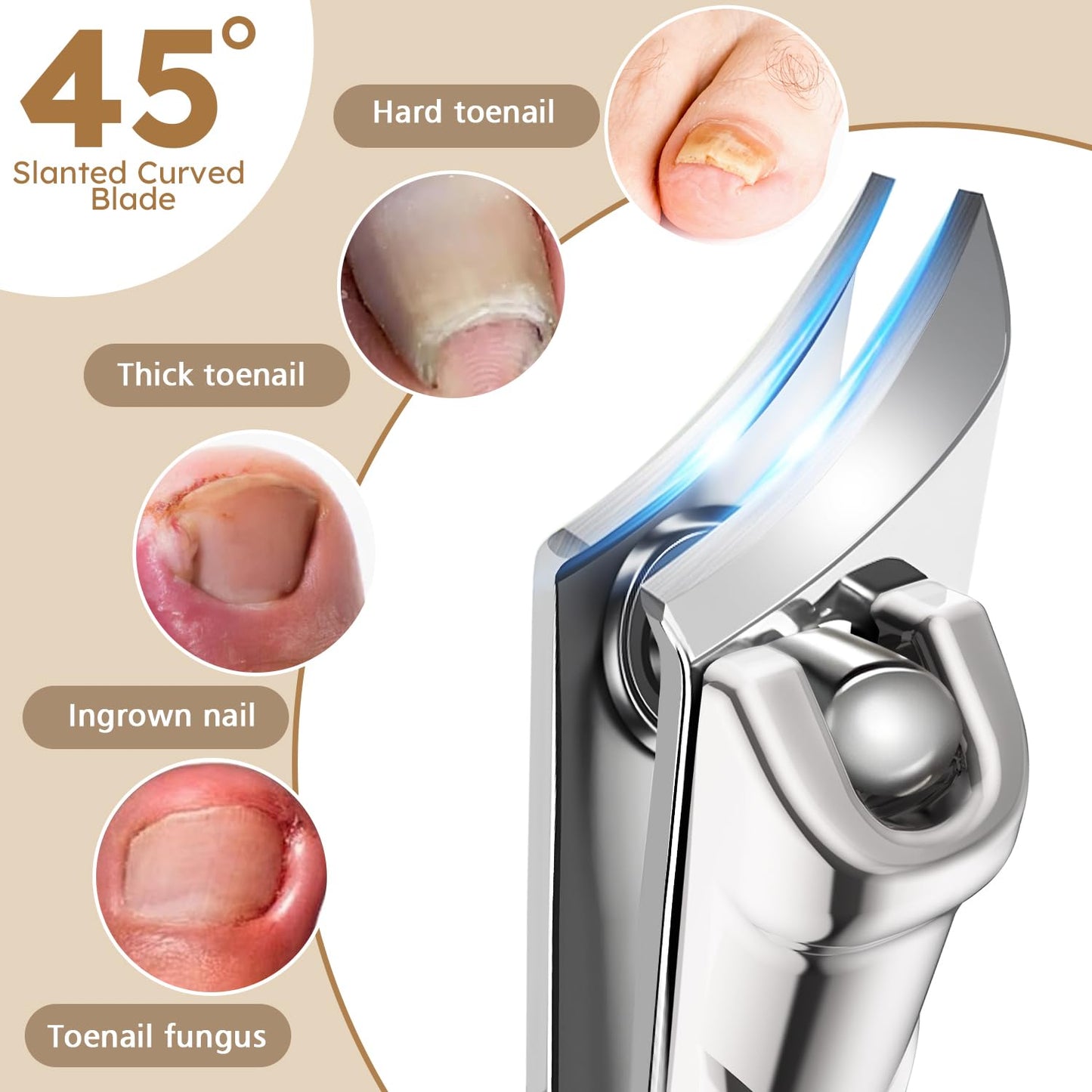 Large Toenail Clippers for Thick Nails for Seniors, Non-Slip Long Handled Angled Head Toe Nail Clippers with Catcher, Wide Jaw Opening Sharp Curved Cutter, Slanted Fingernail Clippers for Men Women