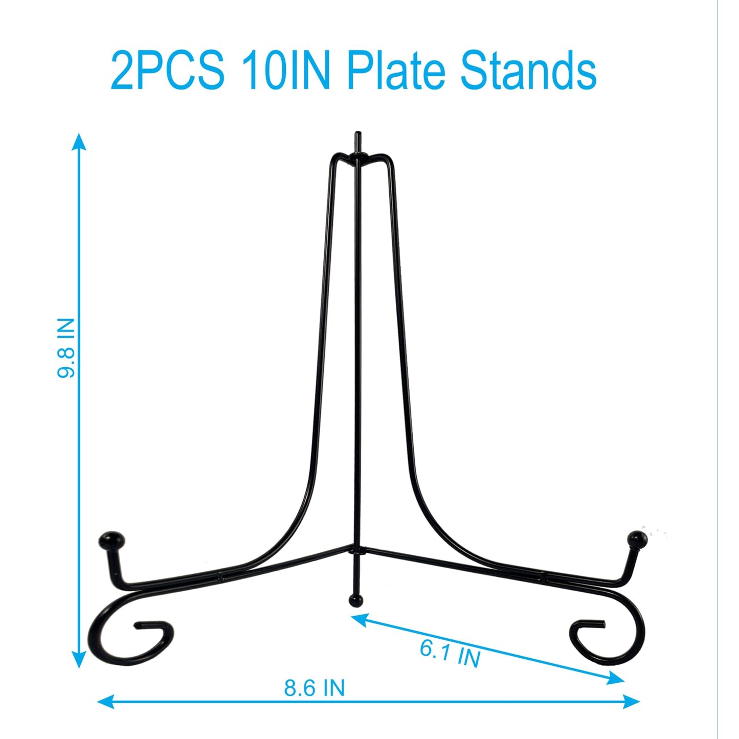HENABLE 2PCS Premium Black Iron Plate Stands for Display 10 Inch, Decorative Solid Metal Plate Holders for Displaying, Mini Easel, Frame, Book, Card, Plaque, Bowl, Picture Stands for Display