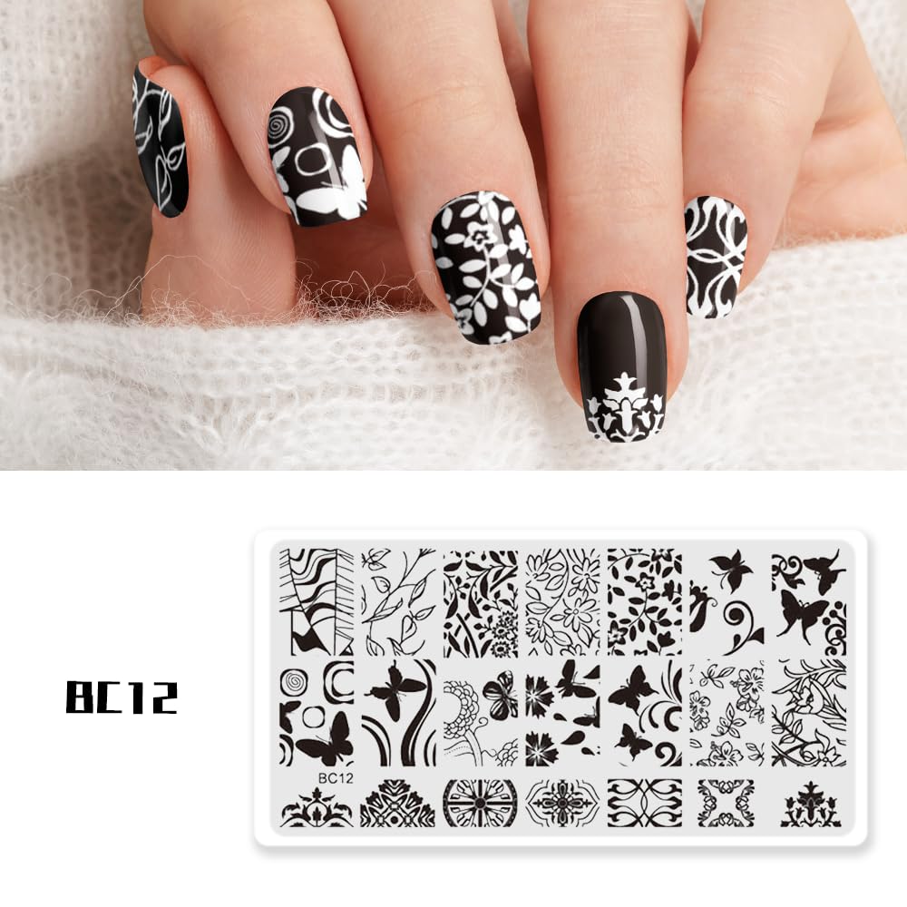 Beauty Leader 10PCS Nail Art Stamping Template Mix Design Image Plates With White Plastic Plate Holder+1 Pcs Square Rubber Stamper DIY Nail Art Image Stamp Plate