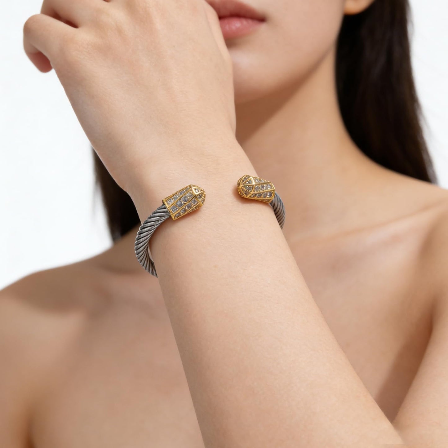 Exquisite Vintage Twisted Cable Cuff Bangle, Stainless Steel Bangle Bracelets for Women, Adjustable Bracelet with Cubic Zirconia
