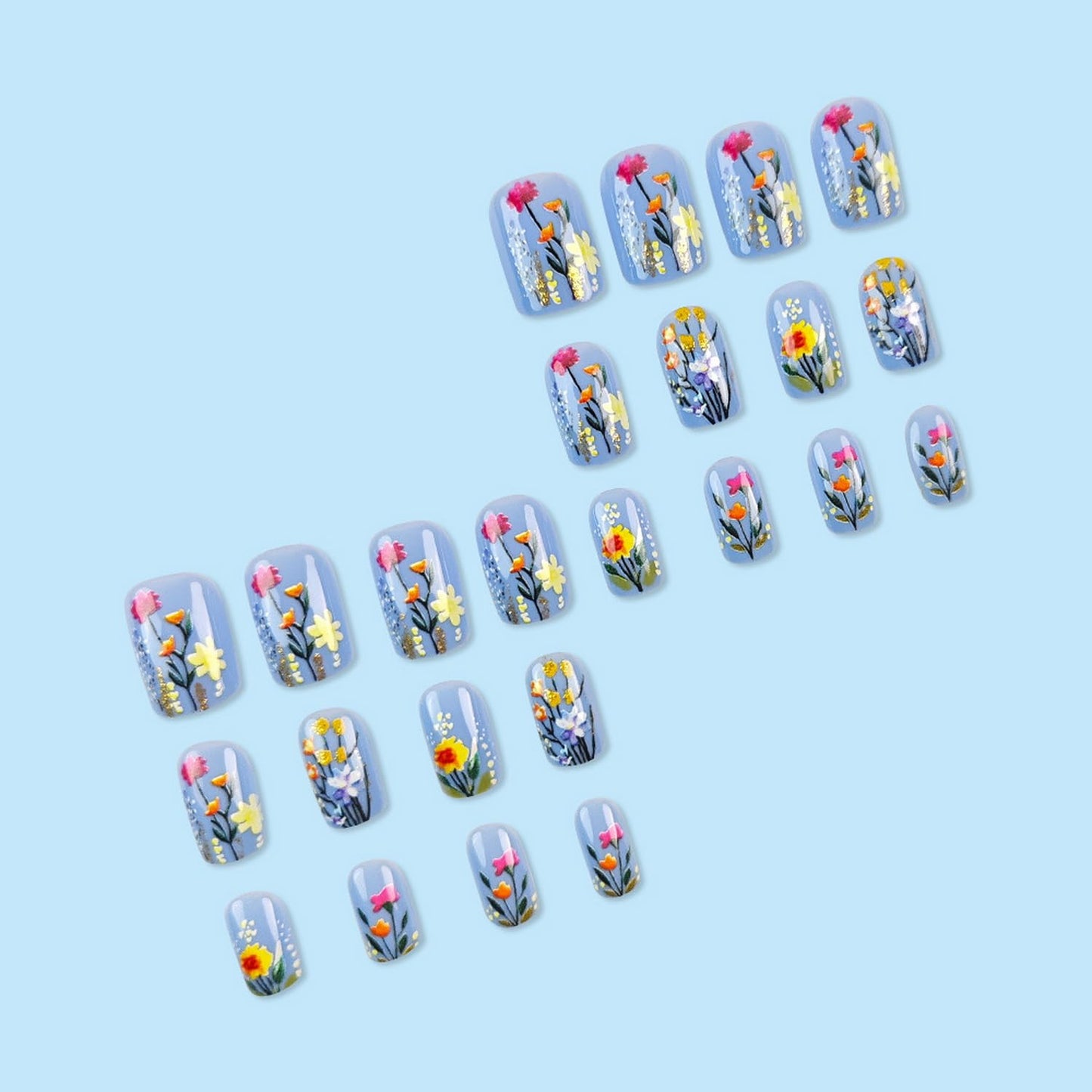 Floral Press on Nails Short Square Fake Nails Glossy Full Cover Flower design Acrylic Nails False Nails 3d Spring Glue on Nails Reusable Floral Nails Blue Stick on Nails for Women Art Manicure24pcs