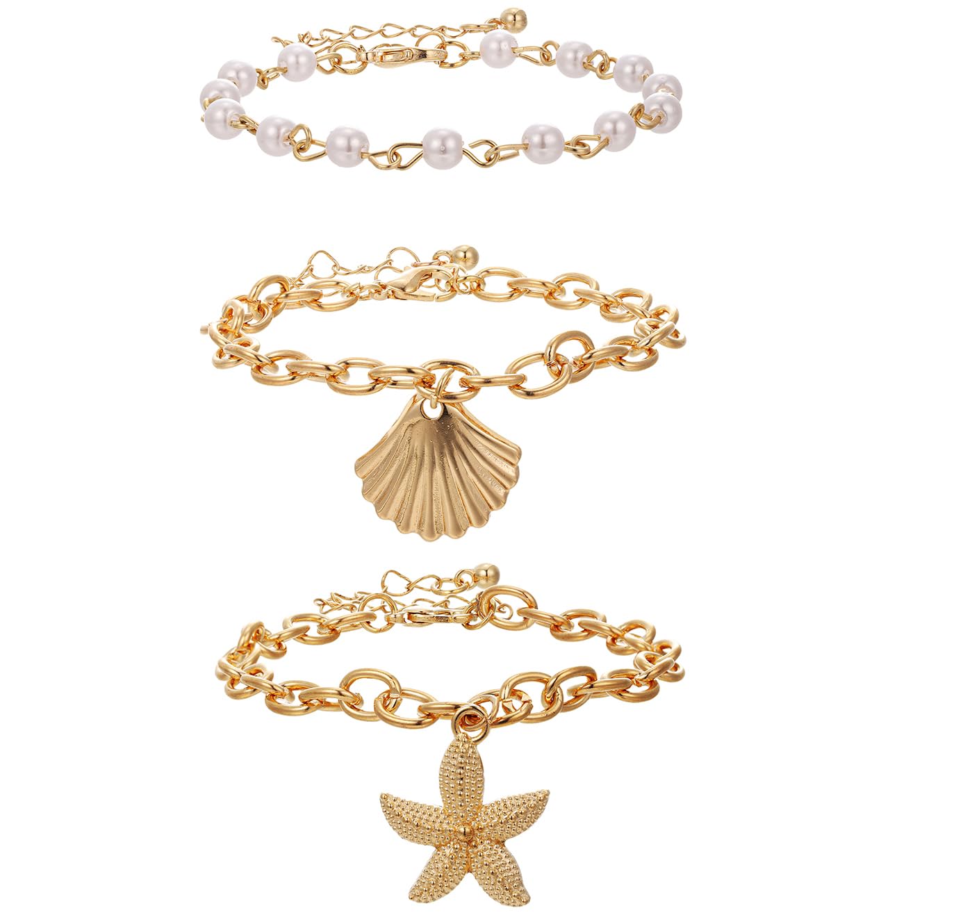 Conch Seashell Starfish Bracelet for Women Conch Shell Summer Pearl Beach 14k Gold Layered Dainty Bracelet