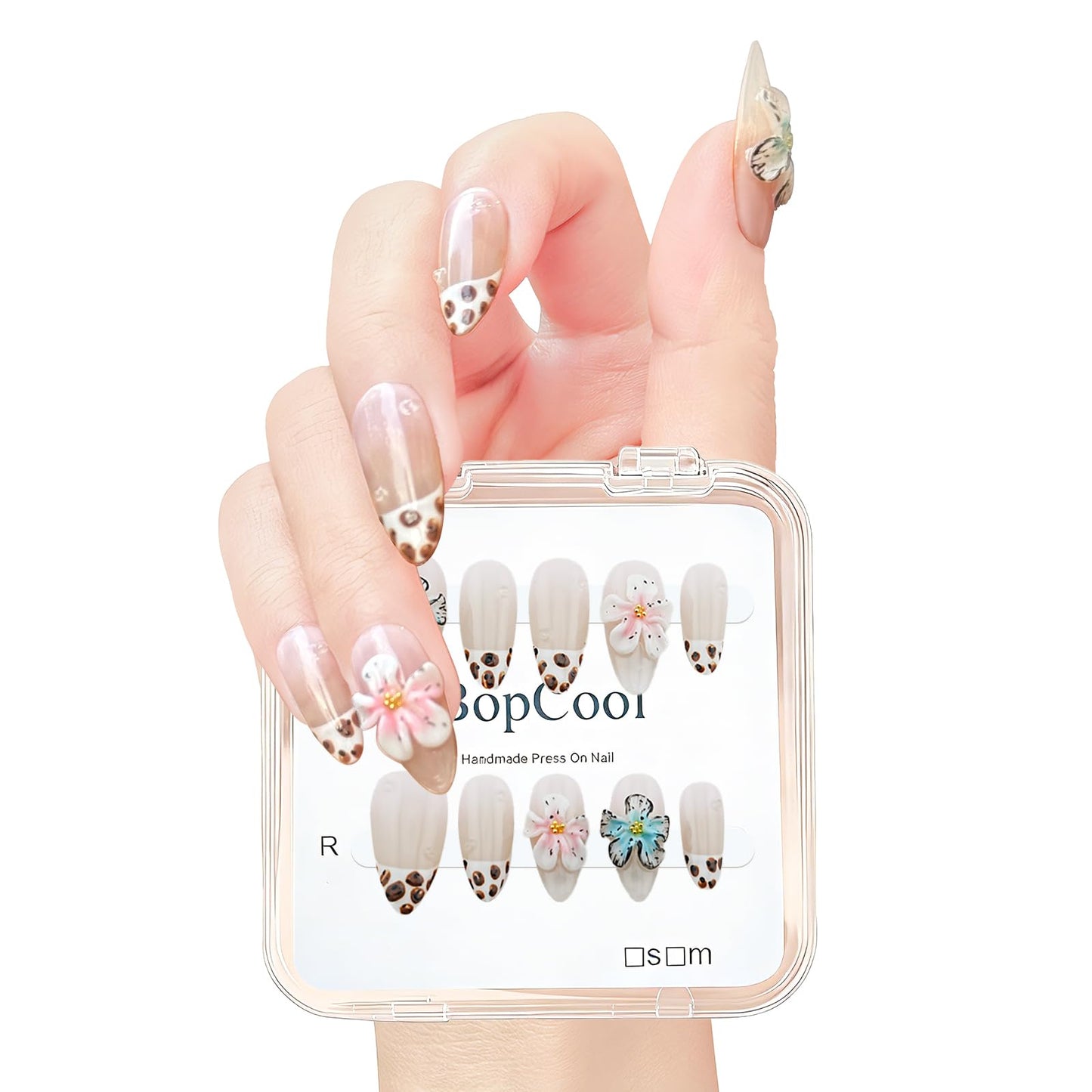 Handmade Press on Nails – Reusable False Nails with Leopard Print French Design, Gradient Tropical 3D Flower Art, Medium Almond Shaped Fake Nails (10PCS-S)