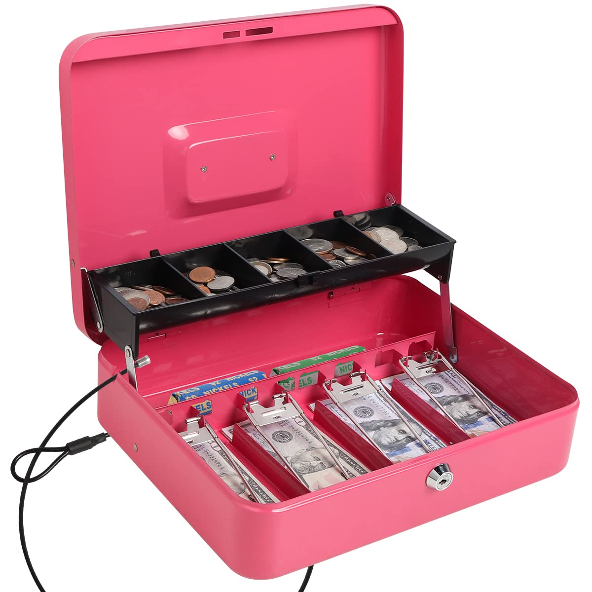 Parrency Cash Box with Key Lock, Lock Box Safe Storage Security Locker with Security Cable, Durable Metal Cash Box with Money Tray, 11.8" x 9.5" x 3.5", K-Soft Pink