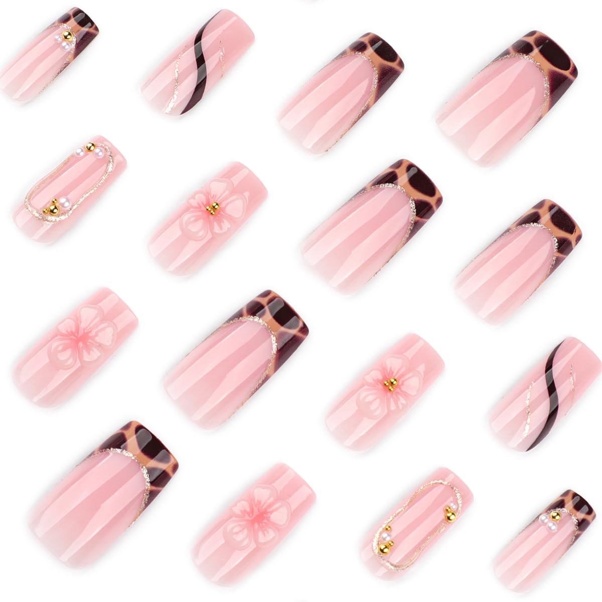 Pink Press on Nails Medium Square Nails Press ons with 3D Flower & Pearl Chain Design French Tip Fake Nails Reusable Full Cover Glue on Nails for Women Manicure Kit 24Pcs