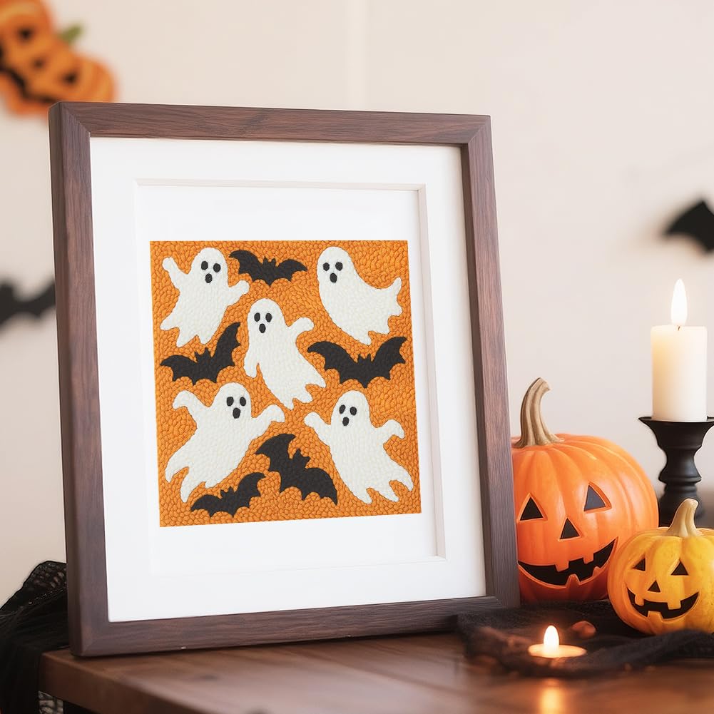 Doodlream Halloween Ghosts DIY Punch Needle Embroidery Kit for Adult Beginner, 9.4" Bat Punch Stitching Craft Set for Starter with Frame, Fabric Pattern, Threader, Yarn, Pinch Needle
