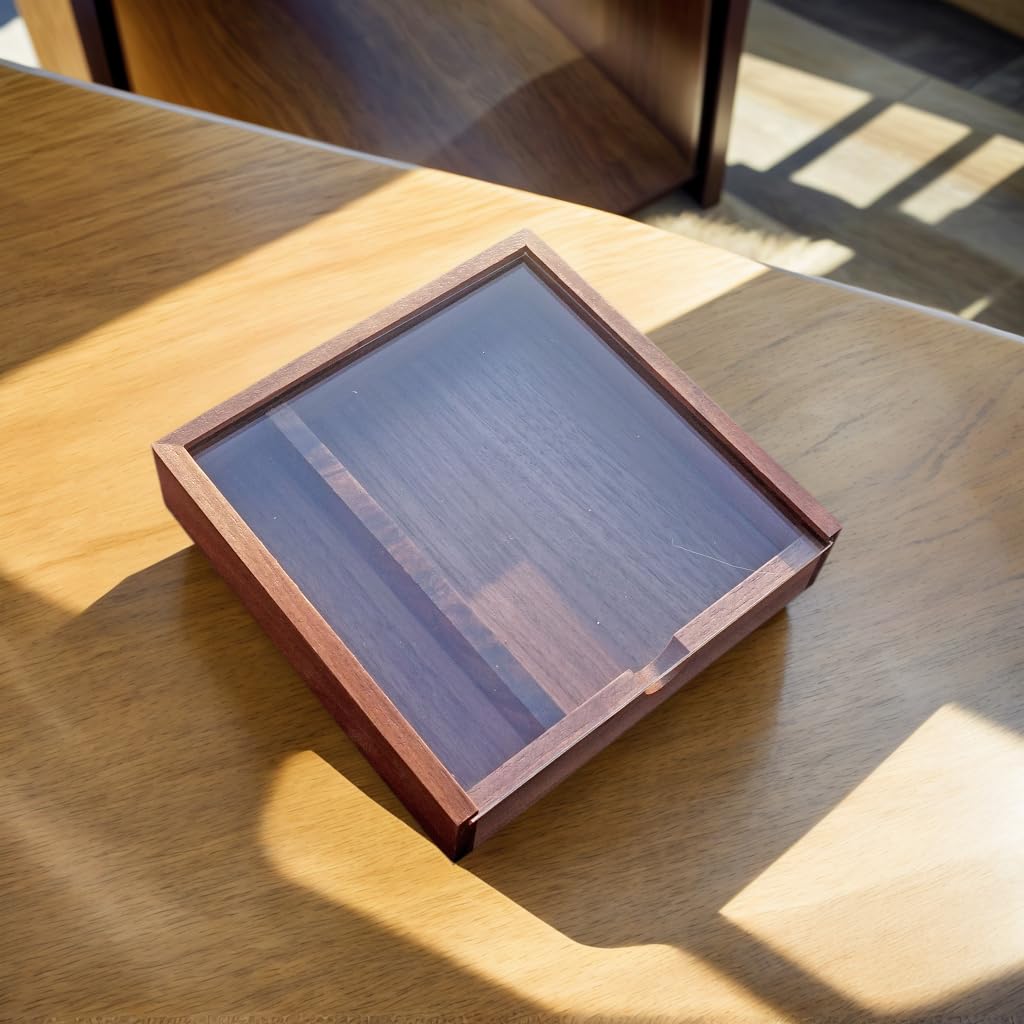 LONMAIX Walnut Wood Keepsake Box with Clear Acrylic Lid, Handmade Storage Box for Jewelry, Photos, Collectibles, Gifts (6.7 x 6.7 x 1.38 Inches)