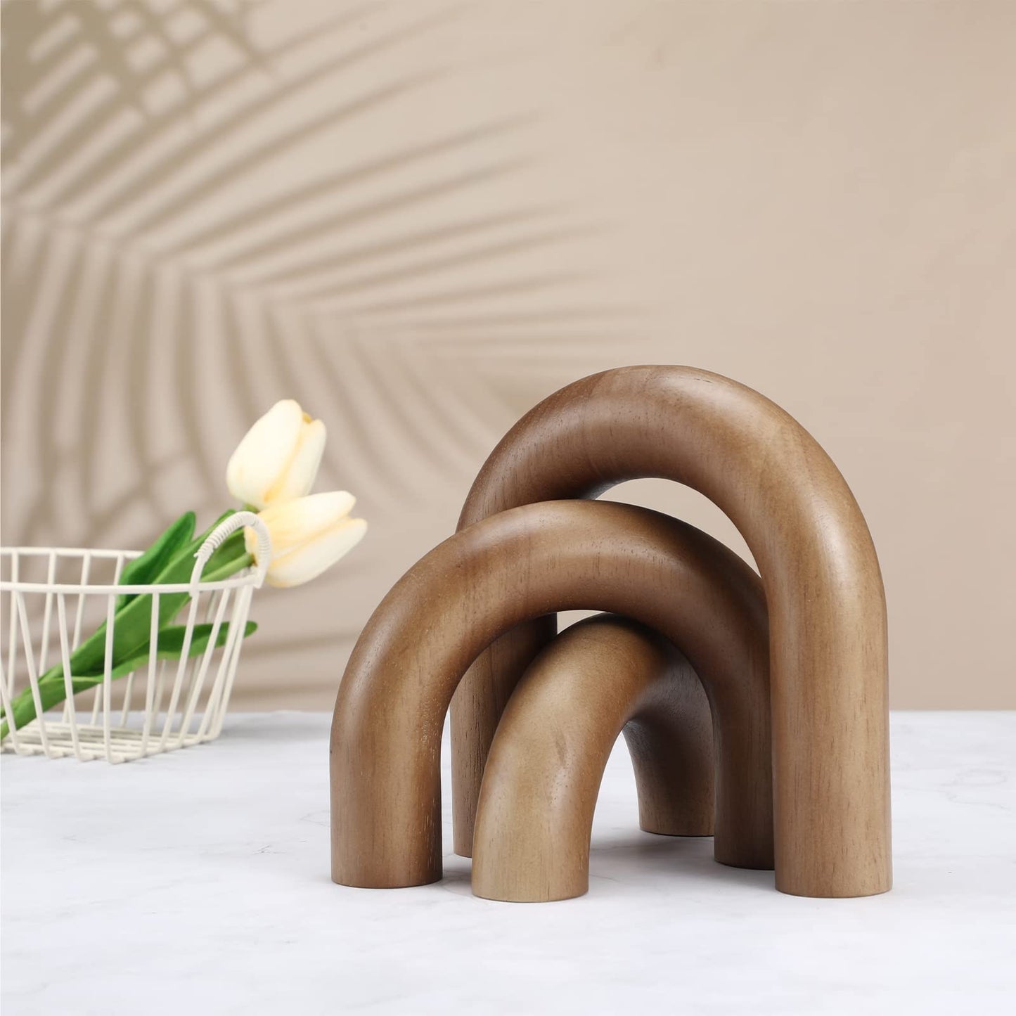 Roowest 3 Pieces Wood Arch Book Shelf Decor Wooden Coffee Table Natural Modern Home Mantel Decorations for Living Room Entryway, Small Medium Large