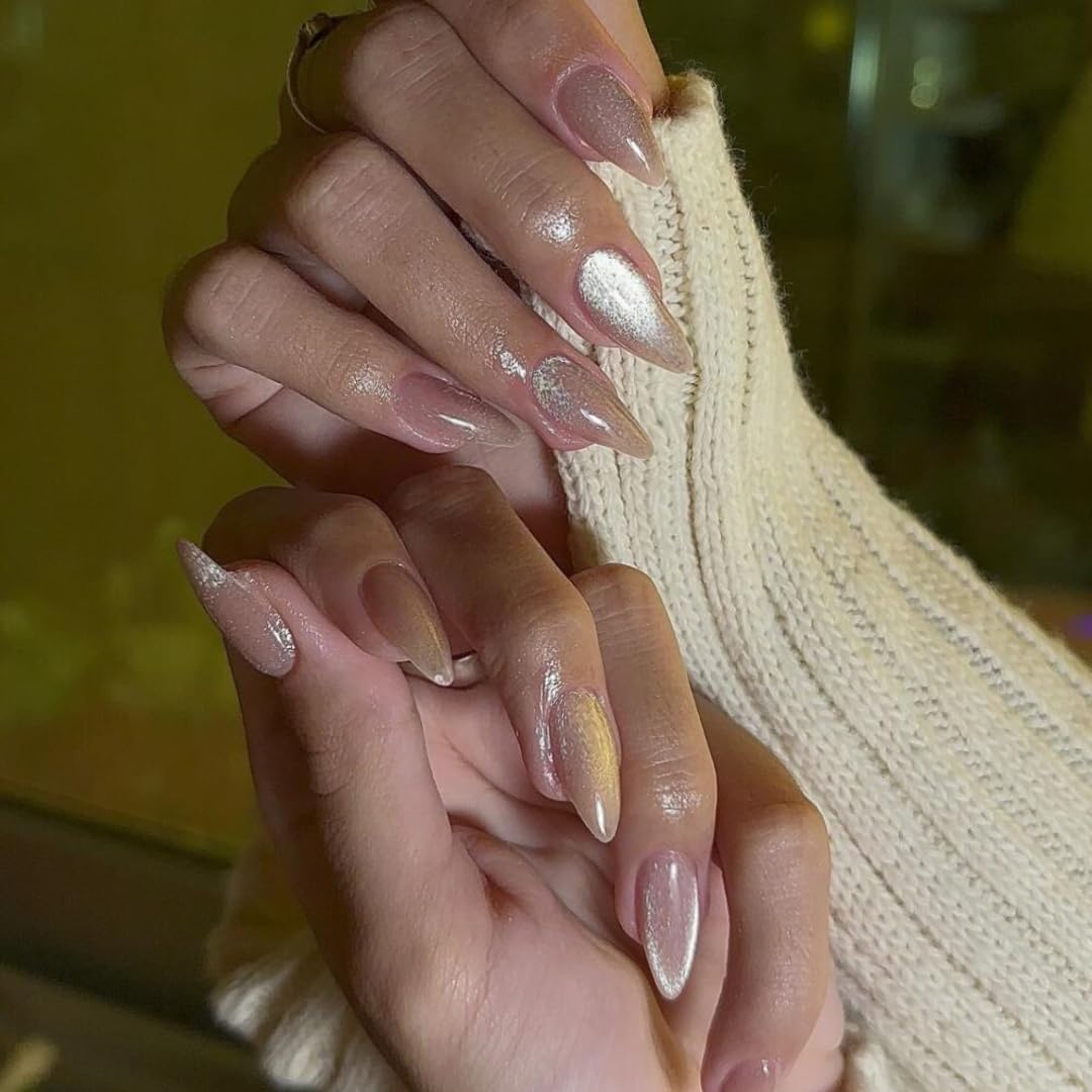 KQueenest Glitter Cat Eye Press on Nails Medium Short Almond, 30 Pcs Thick Cute Acrylic Nails Press on, Gel Fake Nails Short with UV Coating, Reusable Glue on Nails for Women Small Hand, Nude Sparkle