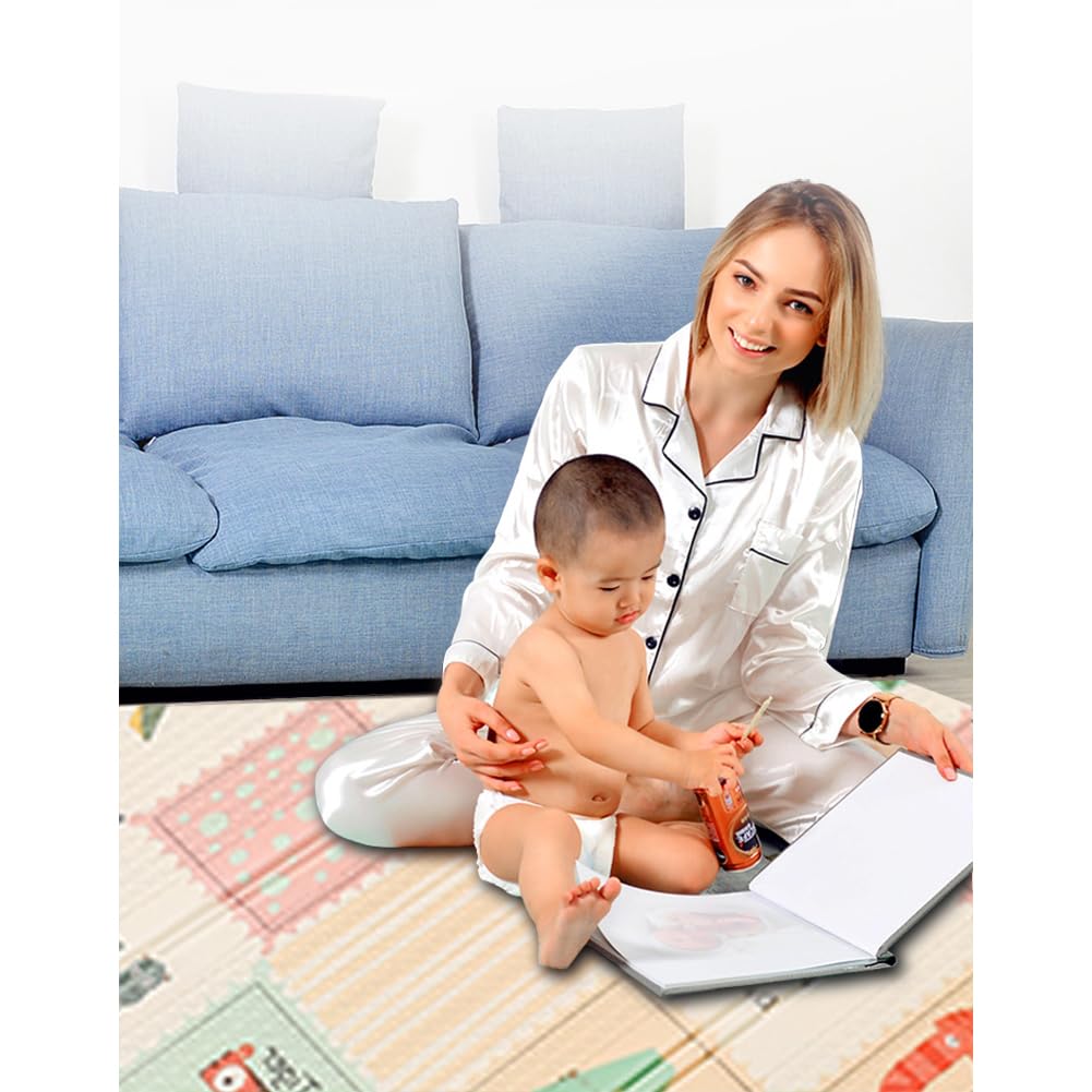 Baby Play Mat for Floor 79 x 71”Reversible Foldable Foam Extra Large Thick Foam Playmat Babies Waterproof Crawling Mat for Infants Toddlers and Kids Indoor Outdoor Use (Alphabet and Dinosaurs)