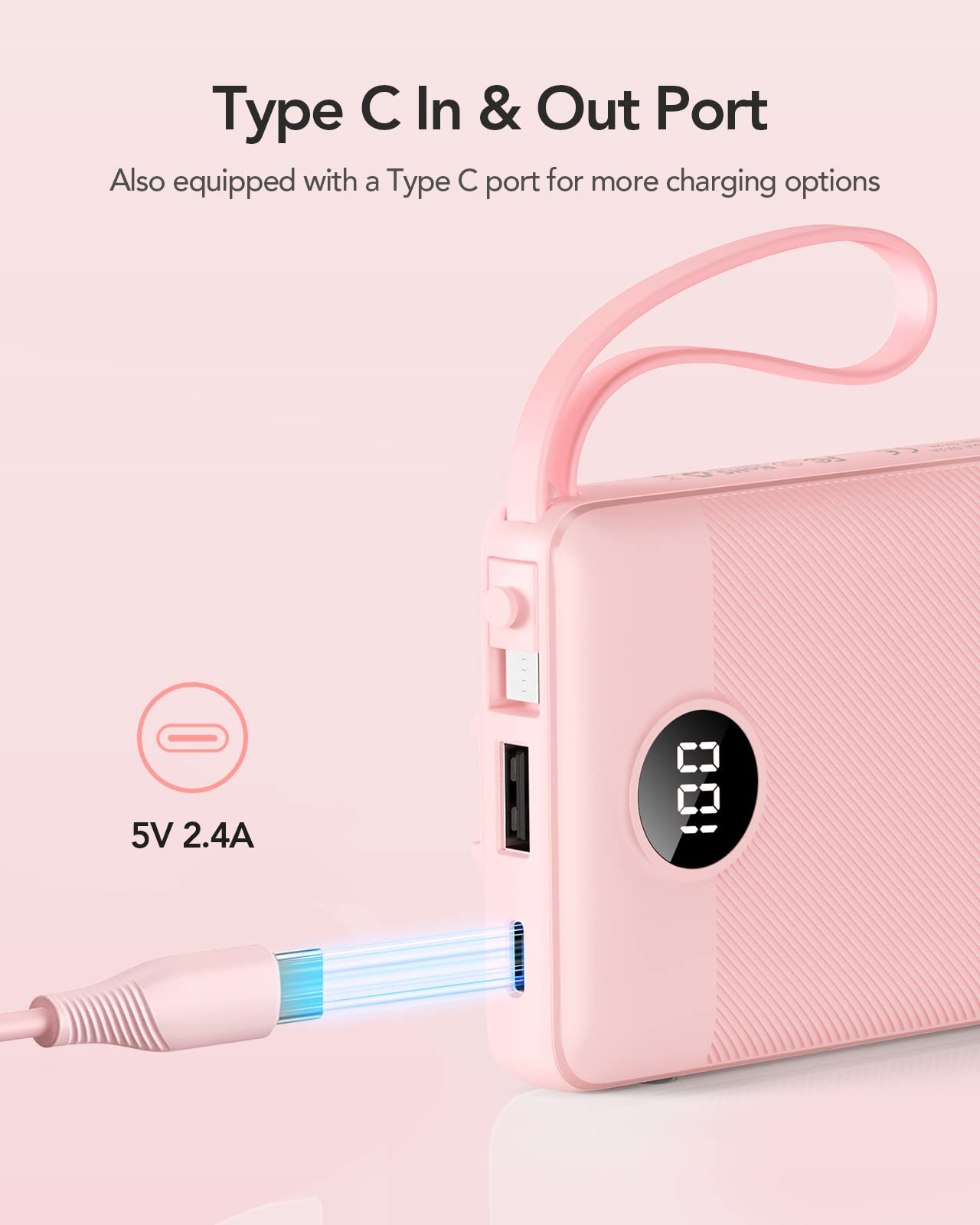 VRURC Portable Charger Power Bank, 10000mAh Travel Essentials Battery Pack, Compact Charging Bank Built-in Cables Cords Compatible with iPhone 17 Pro 17 16 15 14 13, Samsung Phones-Pink(1 Pack)