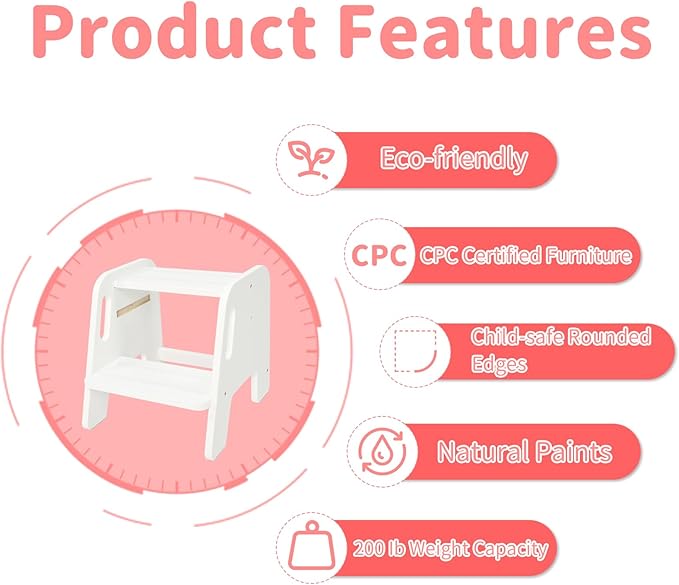 WOOD CITY Toddler Step Stool, Wooden 2 Step Stools for Bathroom Sink Potty Training Kitchen Dual Height Stool Helper for Kids Bonus Non-Slip Pads and Handles for Safety (White)