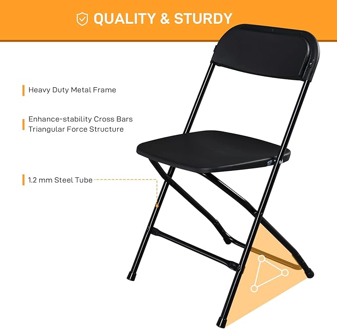 60 Pack Black Plastic Folding Chairs, Portable Party Chairs, Stackable Commercial Seats with Steel Frame for Home Office Wedding Party Indoor Outdoor Events Chairs, 350lbs Capacity
