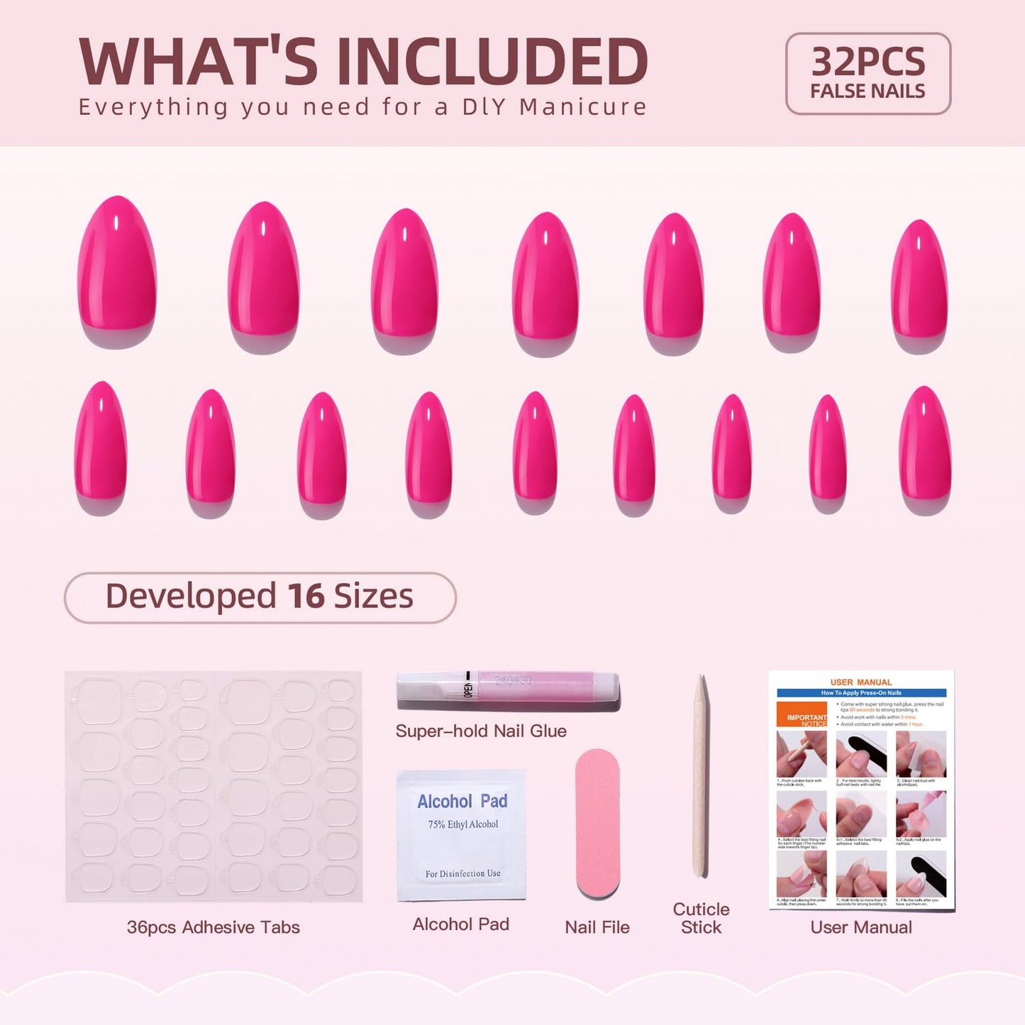 Rose Red Press on Nails with Chrome Fake Nails Designs Thickened Acrylic Nails Short Almond Glue on Nails Solid Color False Nails Full Cover Stick on Nails for Women Girls Manicure Art 32 Pcs