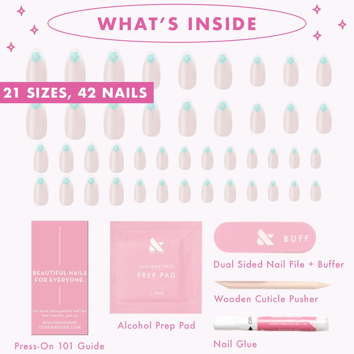 Olive & June Maximalist Instant Mani Press-On Nails (Glue) | 42 Fake Nails, 21 Sizes | Non-Toxic, Long-Lasting Big, Bold Gorgeous Realistic Look | Medium, Almond | Puffy Flower Chrome French