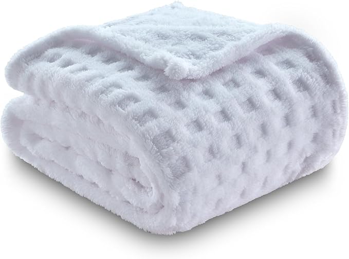 NEWCOSPLAY Super Soft Throw Blanket White Premium Silky Flannel Fleece 3D Waffle Checkered Lightweight Bed Blanket All Season Use (White, Throw(50"x70"))