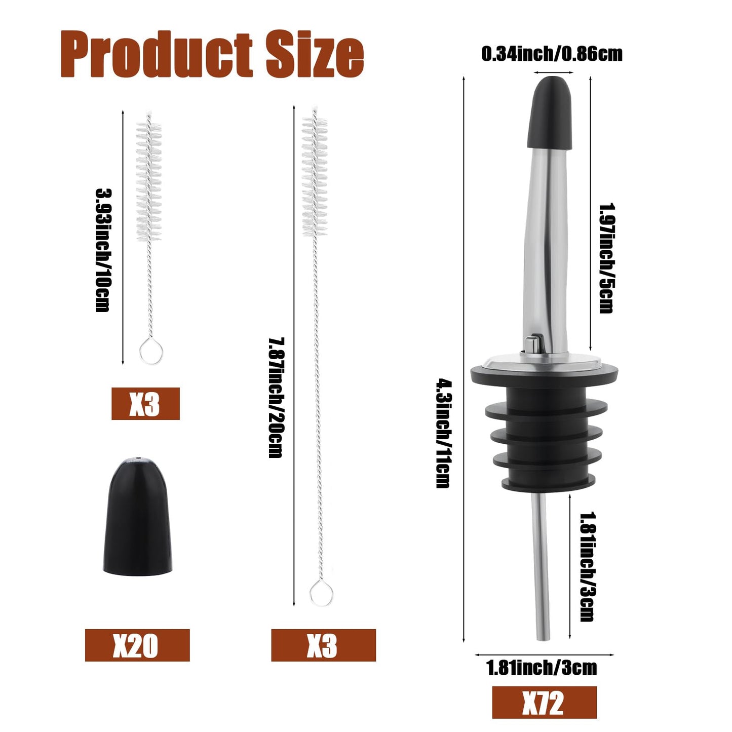 72 Pcs Stainless Steel Pour Spouts for Liquor Bottles with Rubber Dust Caps Tapered Bottle Pourers for Alcohol Olive Oil Wine Syrup Whiskey Bar Bartending Accessories
