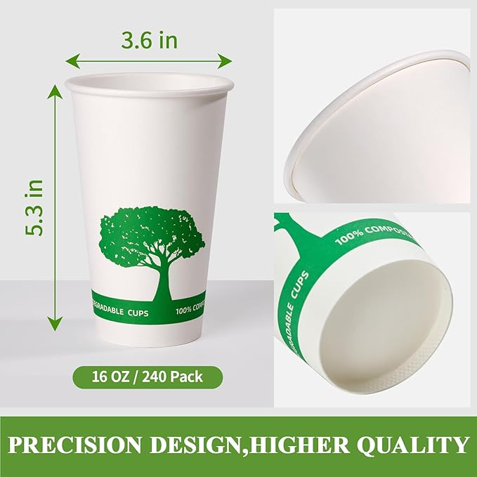 Vplus 240 Pack Compostable Paper Cups, 16 oz Paper Coffee Cups, Biodegradable Disposable Paper Cups, Eco-friendly Hot Drinking Cups for Party, Picnic,and Events