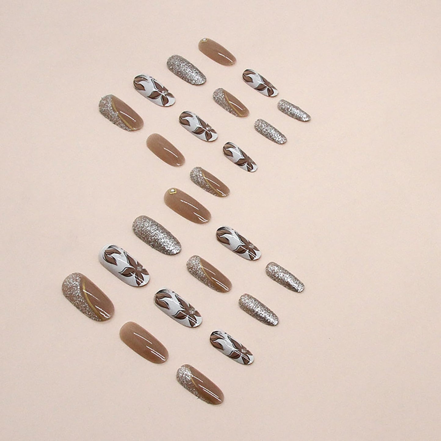 RTKHFZE Fall Press On Nails Oval Almond, Medium Fake Nails Brown Flower Stick Ons with Bling Glitter Designs, 24Pcs Autumn Nails Press Ons for Women