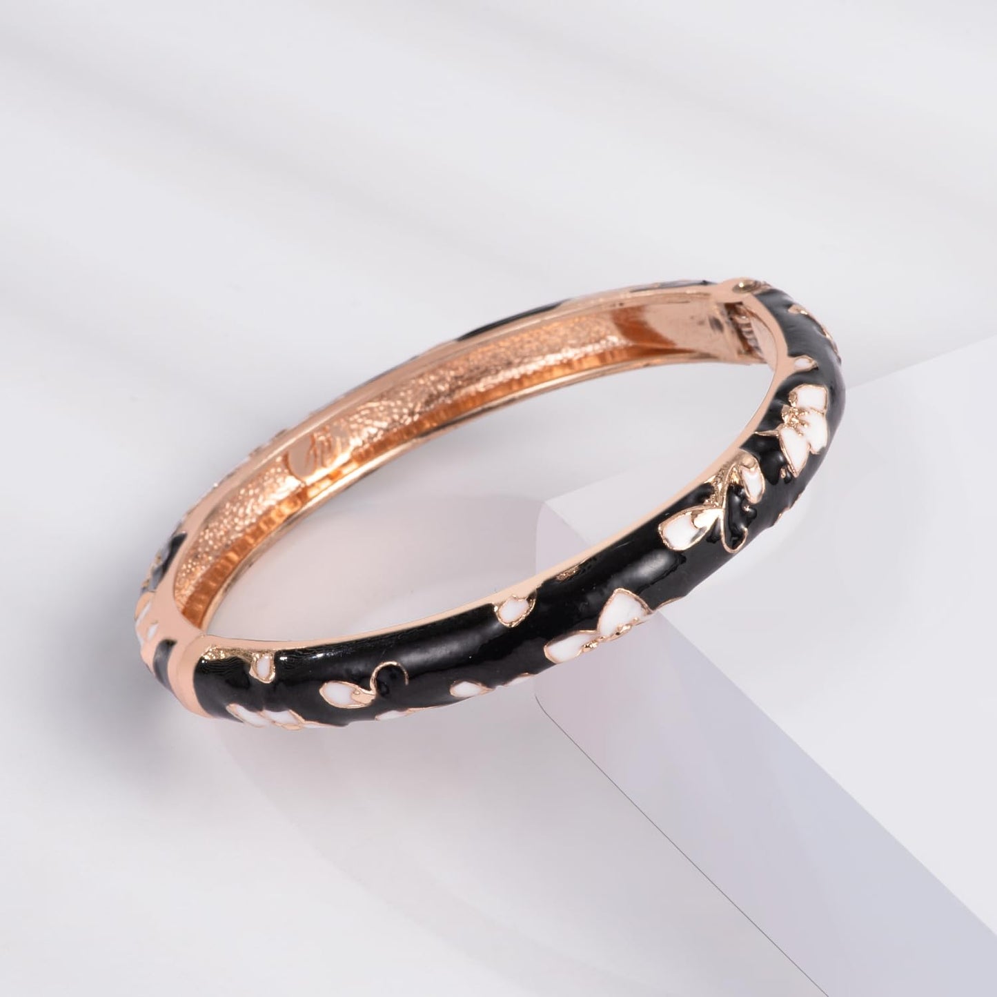 UJOY Womens Multi-Colors Cloisonne Bracelet Gold Plated Flower Hollowed Enameled Hinged Cuff Bangles Jewelry Gift 88C06-3PCS Black