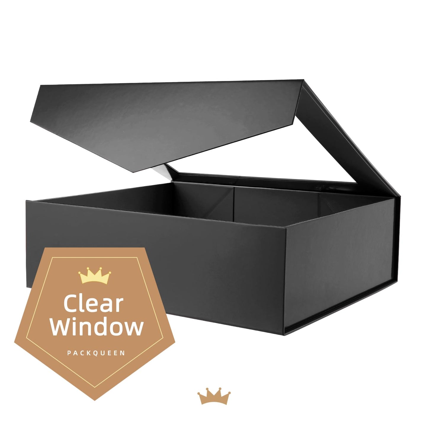 PACKQUEEN Extra Large Black Gift Box with Window, 16.3x14.2x5 Inches Clear Gift Box for Present Contains Ribbon, Card, Groomsman Proposal Box with Magnetic Lid (Glossy Black)