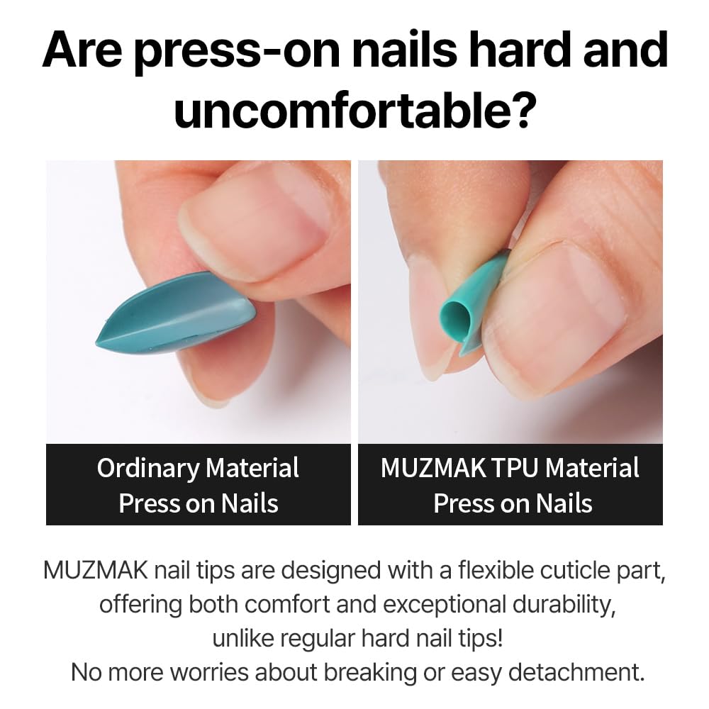 MUZMAK Reusable Press on Nails Long Medium Short 36Pcs Pink Fake Nails with Designs Red french tip Cute Gel (Cafe Latte (Almond))