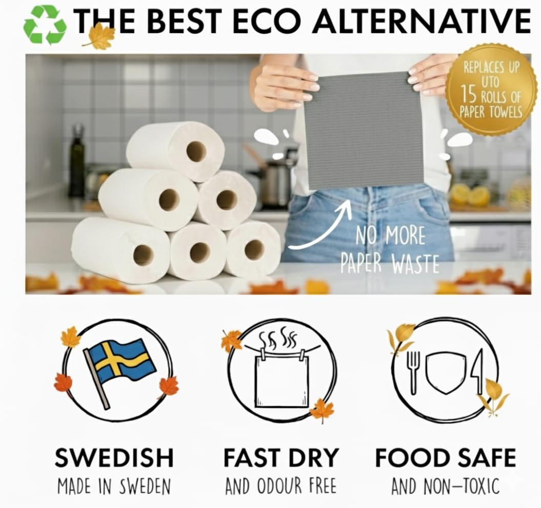 SUPERSCANDI 10 Pack Swedish Dishcloths for Kitchen - 100% Biodegradable & Compostable Reusable Paper Towels Washable, Food-Safe & Without Plastic - Dish Rags Suitable for Any Surface, Grey