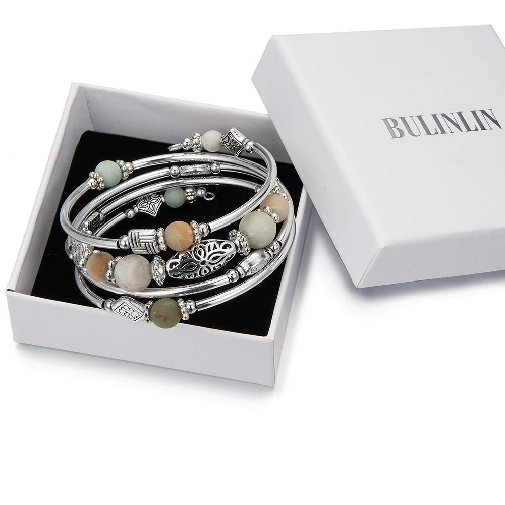 BULINLIN Layered Wrap Bangle Turquoise Bracelet - Bead Bracelet with Natural Agate Stone, Gifts For Women (03-Green)