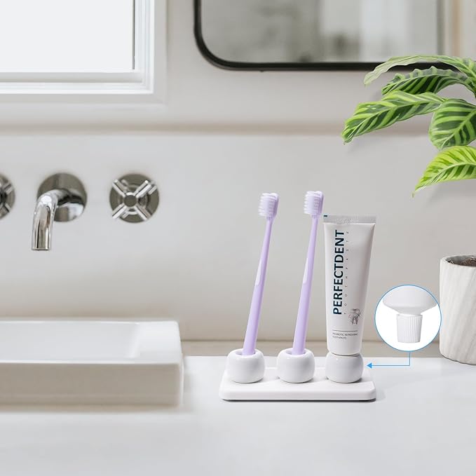 3 Pack Mini Ceramic Toothbrush Holder Stand with 1 Pack Water Absorbing Stone for Bathroom Vanity Countertop, Toothbrush Organizer, White