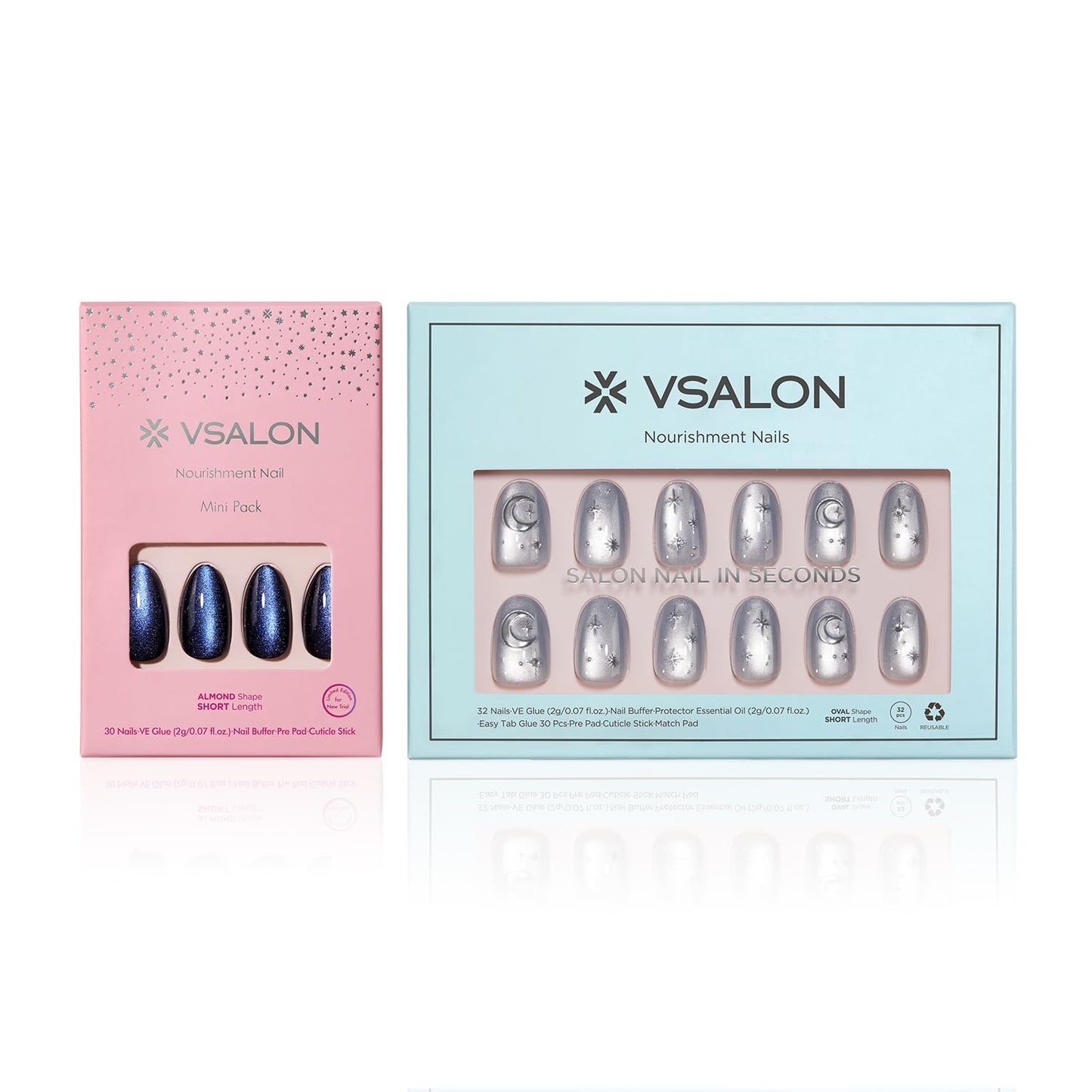 VSALON Oval Short Press on Nails, Silver Gray Star & Moon Summer Celestial Cat Eye Glossy 3D Art Nail Kit & Blue Cat Eye Mini Pack