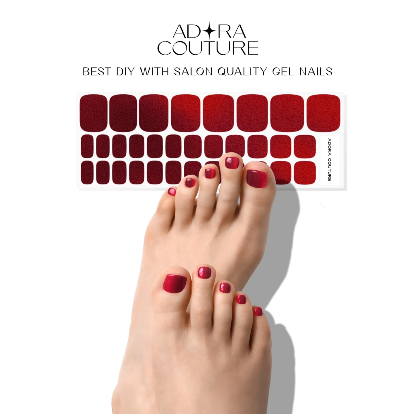 Semi Cured Gel Nail Strips – 32 Pcs Gel Pedicure Stickers - UV Nail Wraps for Toenails, Easy Application, Long Lasting, Salon Quality & UV Light Required - Red Wine P