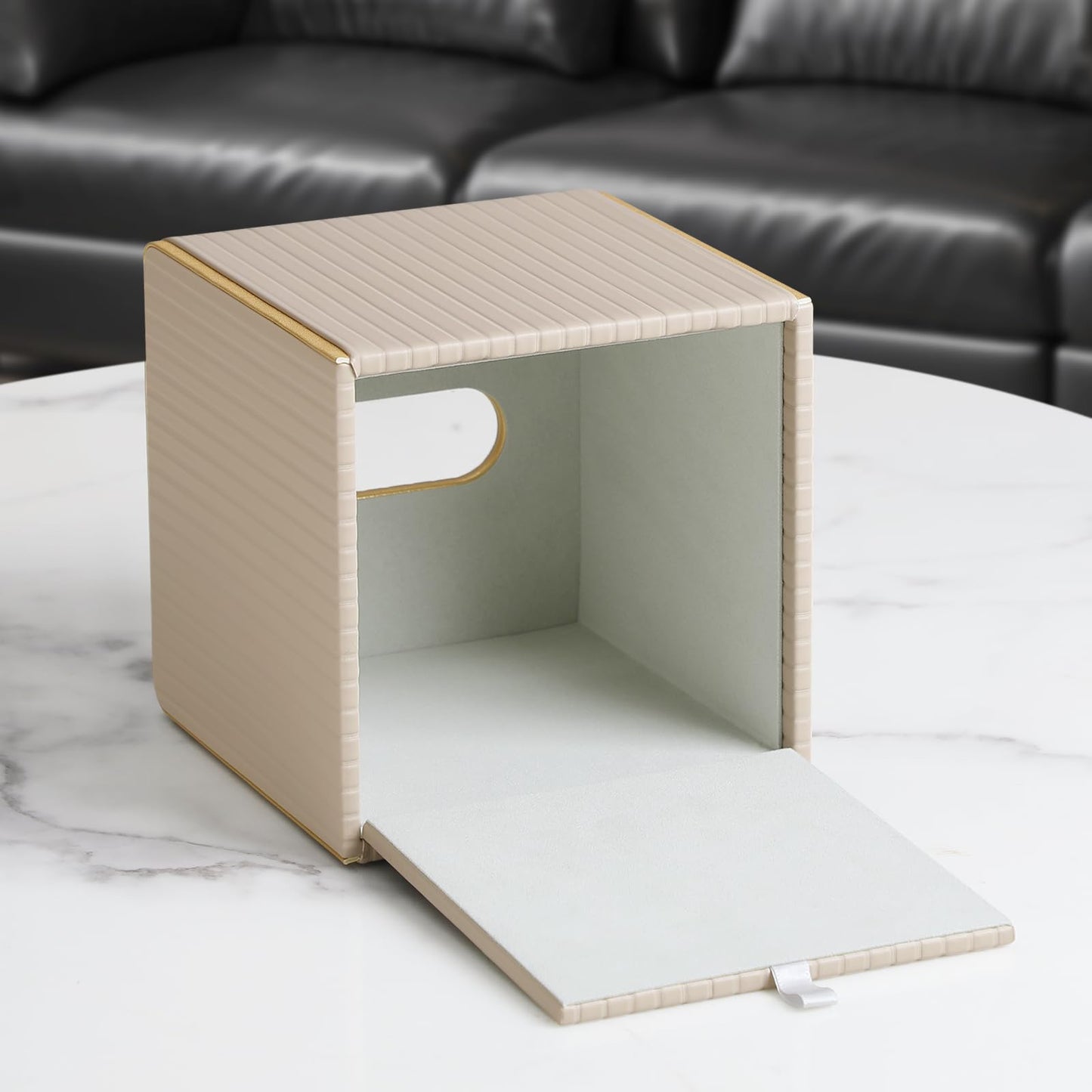 Square PU Leather Tissue Box Cover with Magnetic Closure, Decorative Tissue Holder & Storage Container for Bedroom, Living Room, Dining Room, Bathroom, Countertop, Desk & Office (Beige)