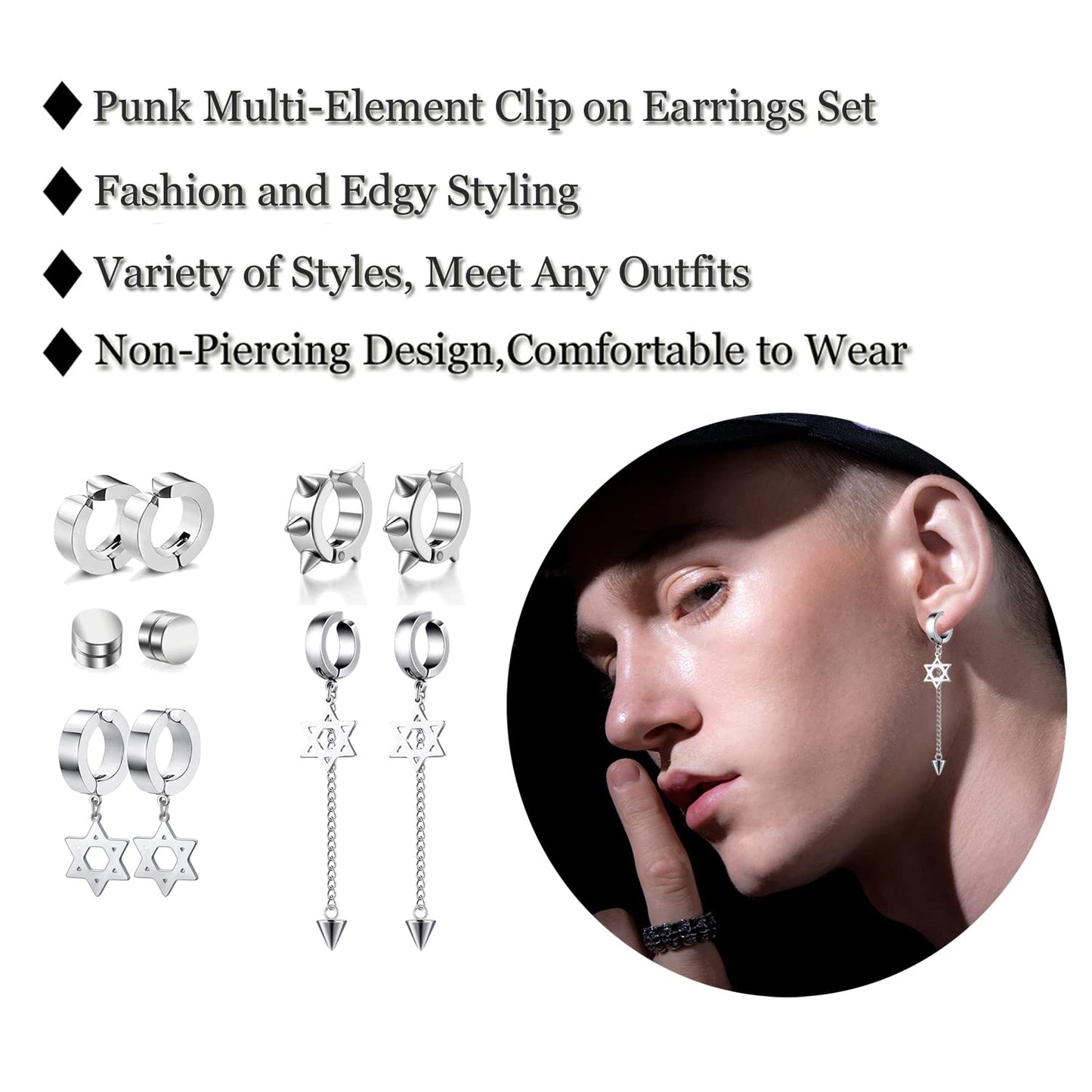 5 Pairs Silver Stainless Steel Non-Piercing Spike Rivet Star of David Dangle Tassel Clip on Hoop Earrings Set for Women Men, Non Pierced Fake Ear Clip Stud Earrings