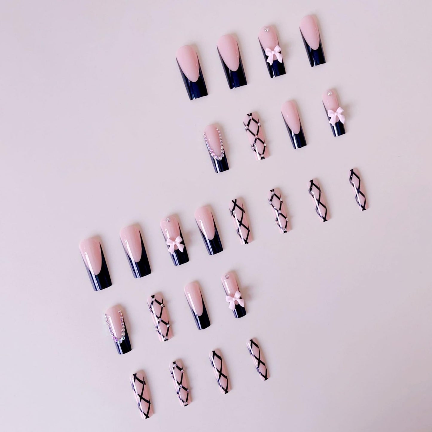 SEENEEY Long Press on Nails Square Fake Nails Black French Artificial Nail Pink Bow and Rhinestones Stick on Nail for Women 24pcs