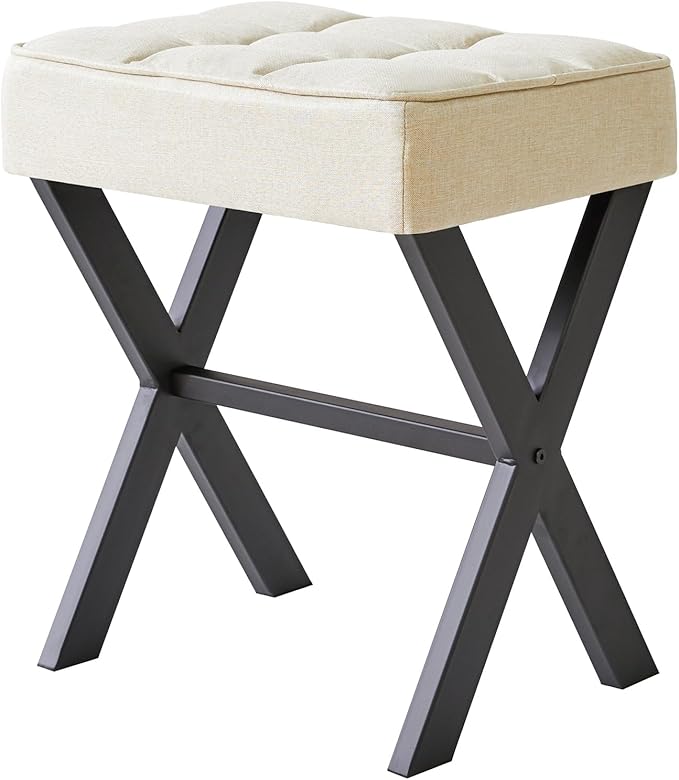 IBUYKE Square Makeup Stool with X-Leg Foot Rest, Linen Footrest, Ottoman Seat, Multi-Use as Small Side Table, for Bedroom, Living Room, Linen LG-70Y