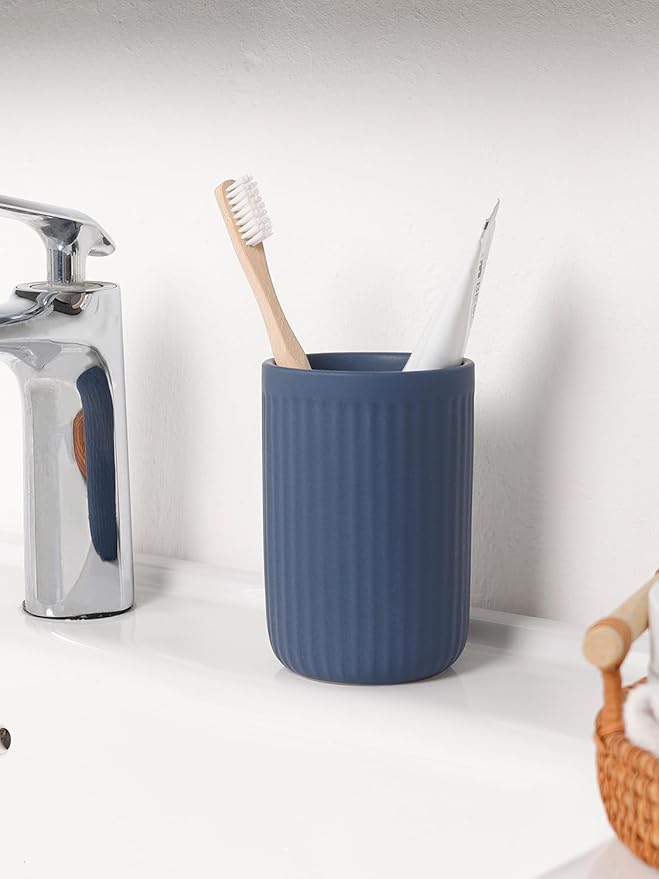 INGOFIN Ceramic Toothbrush Holder, 12 oz Toothpaste Holder Bathroom Cup, Tooth Brush Holder for Vanity Countertop, Organizer Storage for Cosmetic, Makeup, Office Pencils, Matte Blue