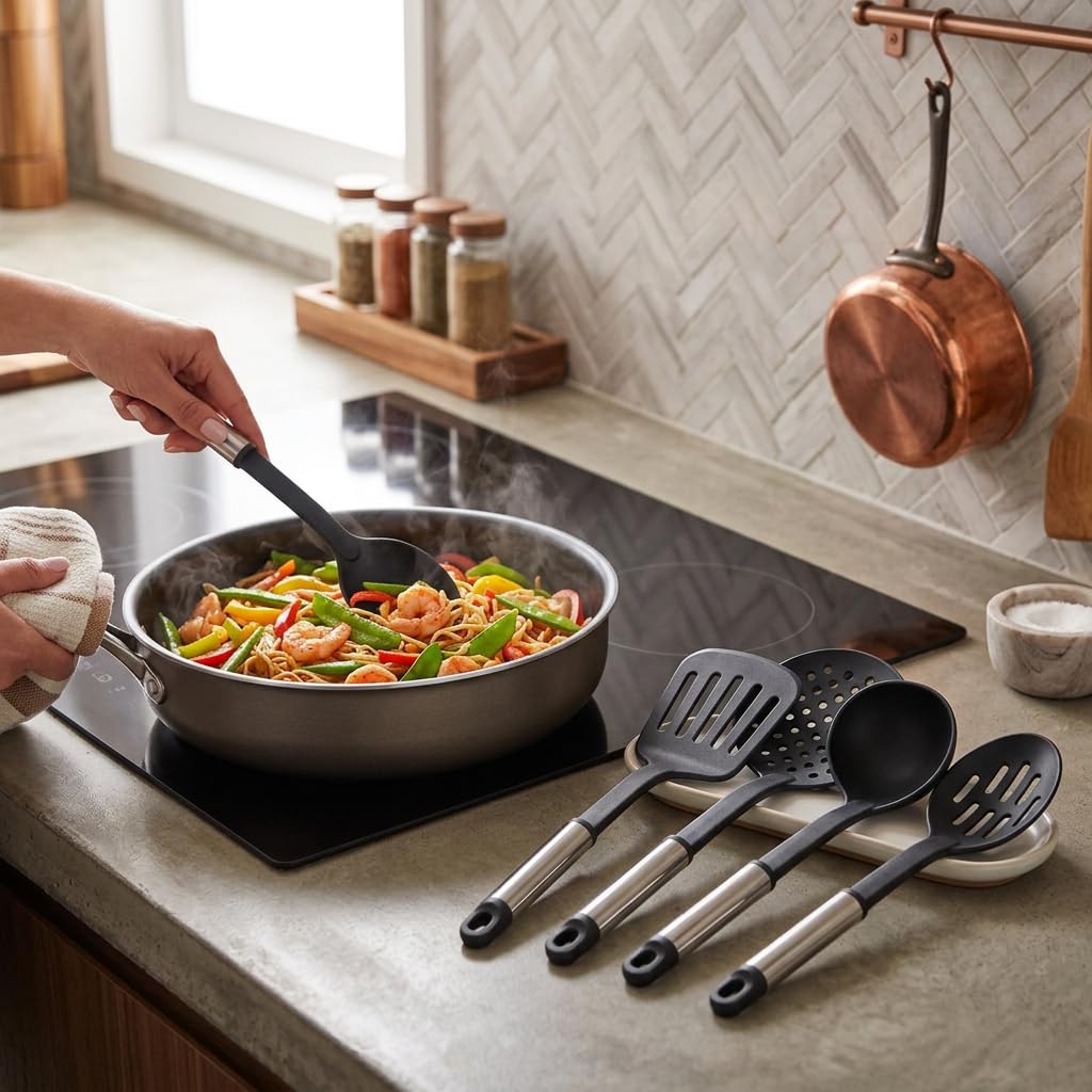 Farberware Classic Kitchen Tool Set, 5-Piece Nylon Cooking Utensils with Stainless Steel Handles for Nonstick Cookware - Kitchen Gadgets with Hanging Loops, Dishwasher Safe Useful Cooking Accessories
