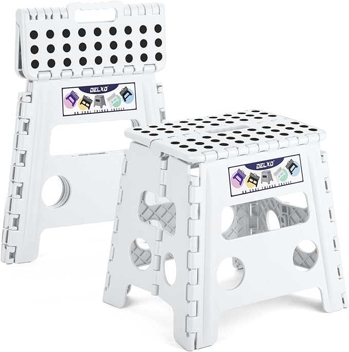 Delxo Folding Step Stool 13 Inch 2 Pack White Non-Slip Foldable Stools for Kids & Adults Up to 300 LBS Step Stool with Handle Lightweight for Kitchen/Bathroom/Bedroom/Garden