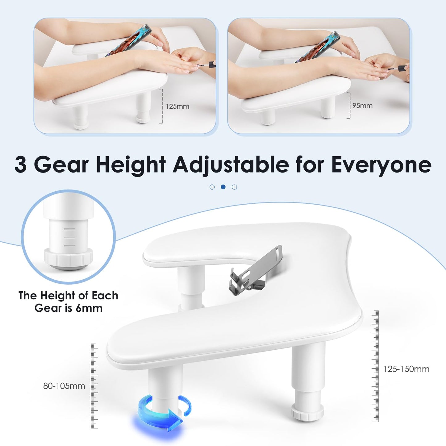 LIONVISON Arm Rest for Nails Tech: U Shaped Adjustable Height Ergonomic Nail Hand Rest Stand PU Leather with Rotating Phone Holder for Nail Salon Manicurist (White)
