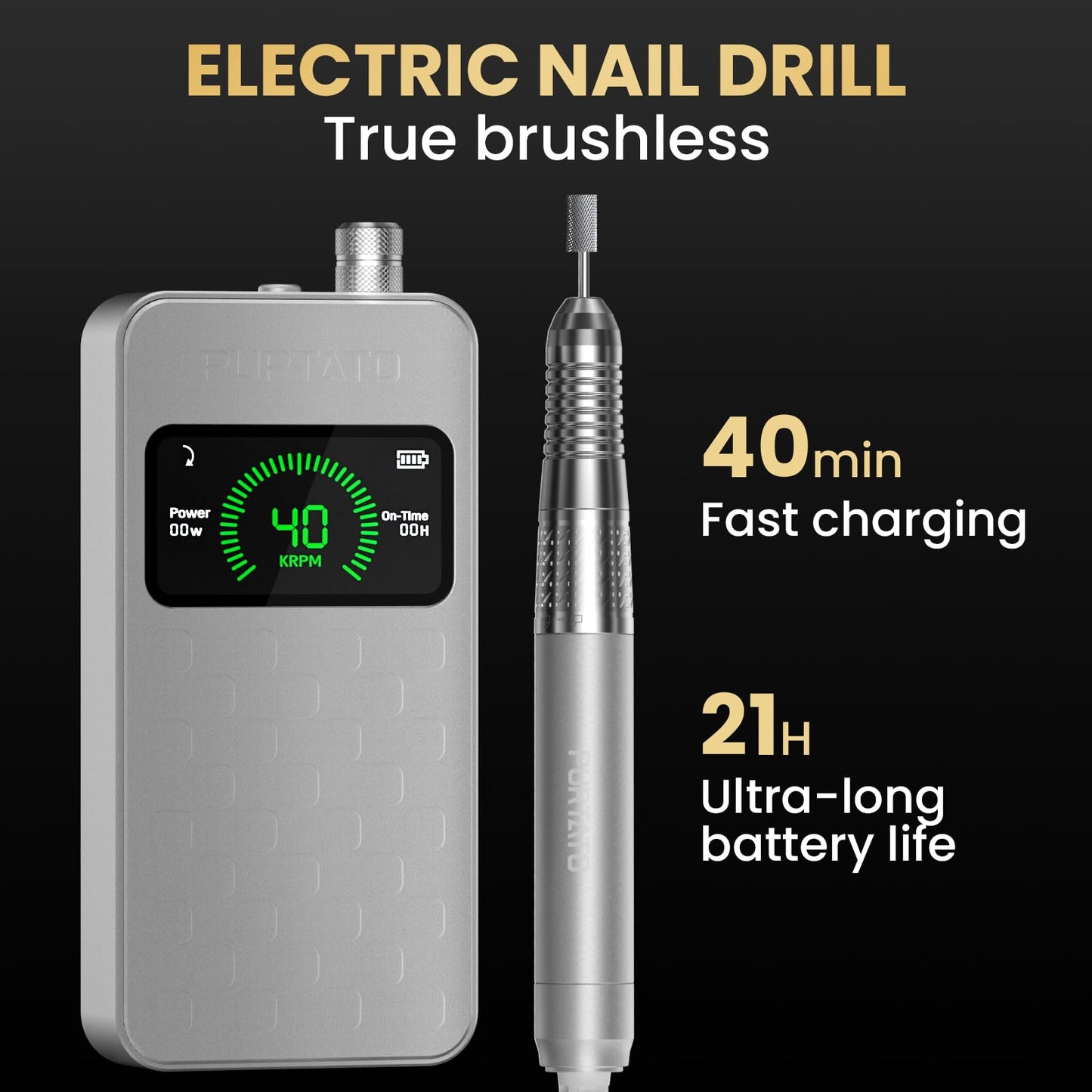 PURTATO - Professional Nail Drill Machine - Brushless Motor Nail File - Electric, Cordless, Aluminium Alloy Casing, 40000 RPM, HD Display - Perfect for Salon & Home Use (Sliver)