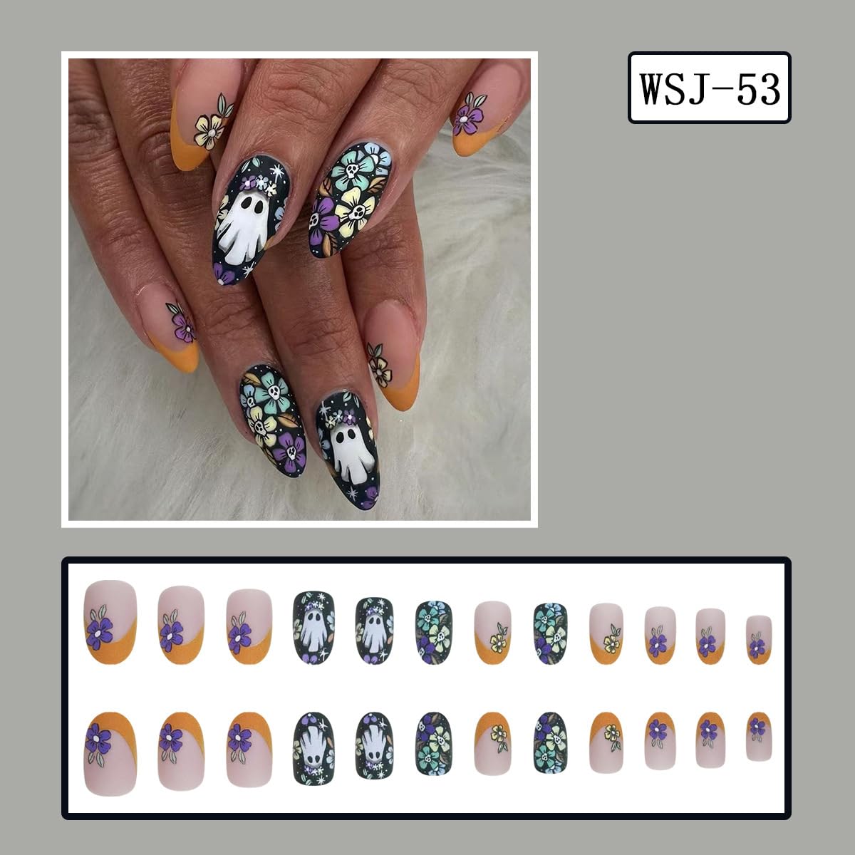 Almond Press on Nails Halloween Fake Nails Matte False Nails Press ons with Ghost & Flower Design - Reusable Artificial Nail Full Cover Glue on Nail Stick on Nails for Women Manicure 24 Pcs