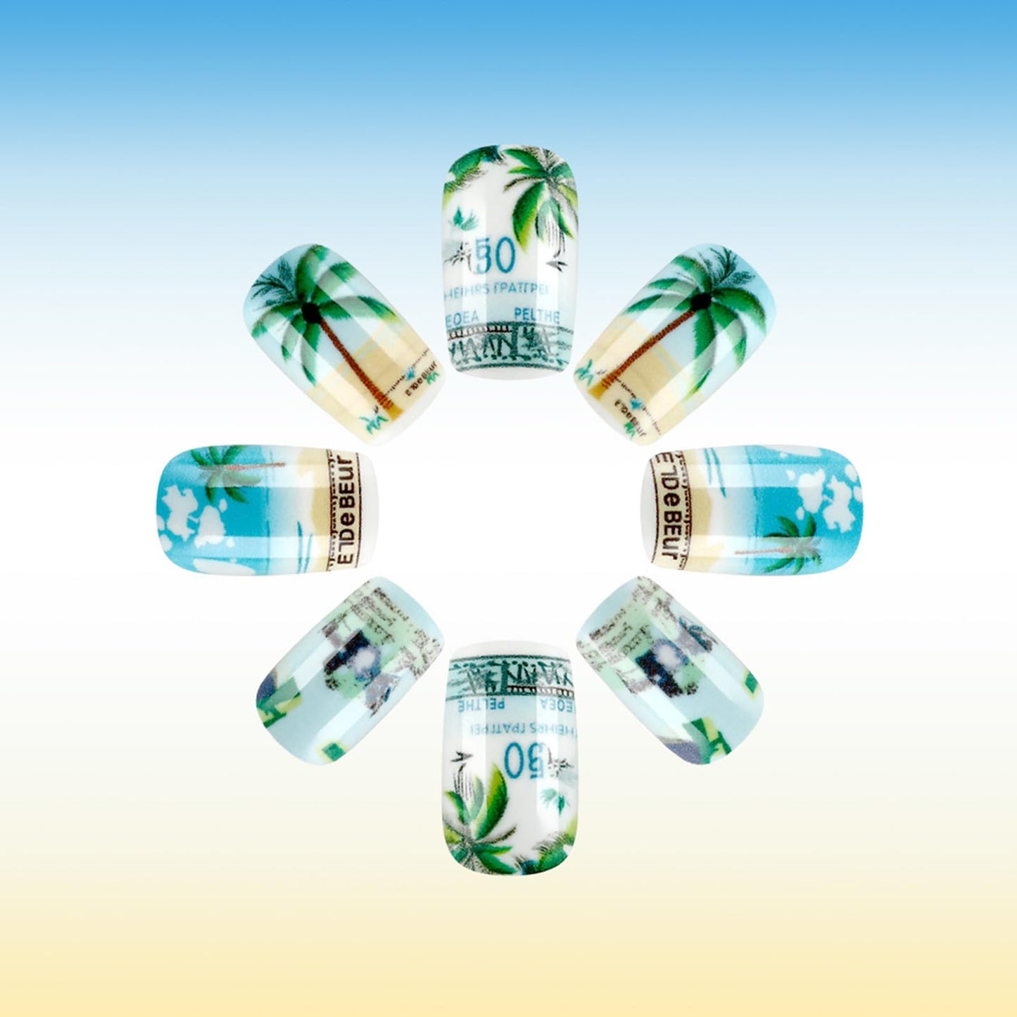 Summer Press on Nails Medium Square Fake Nails with Green Coconut Tree Design Glossy Glue on Nails Blue Sky White Clouds False Nails Acrylic Full Cover Stick on Nails for Women 24Pcs