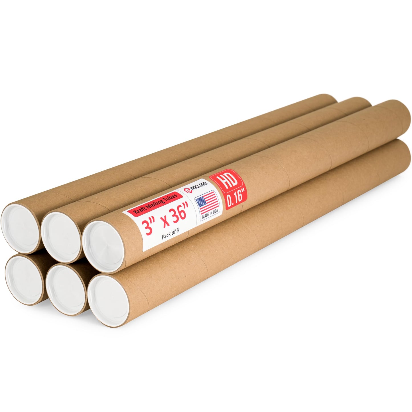 Paclord 3" x 36" Heavy-Duty Reinforced Cardboard Mailing Tube, Pack of 6 Tubes with 12 Caps – Secure USPS Approved – Great for Shipping and Storing of Prints, Artwork, Posters or Documents
