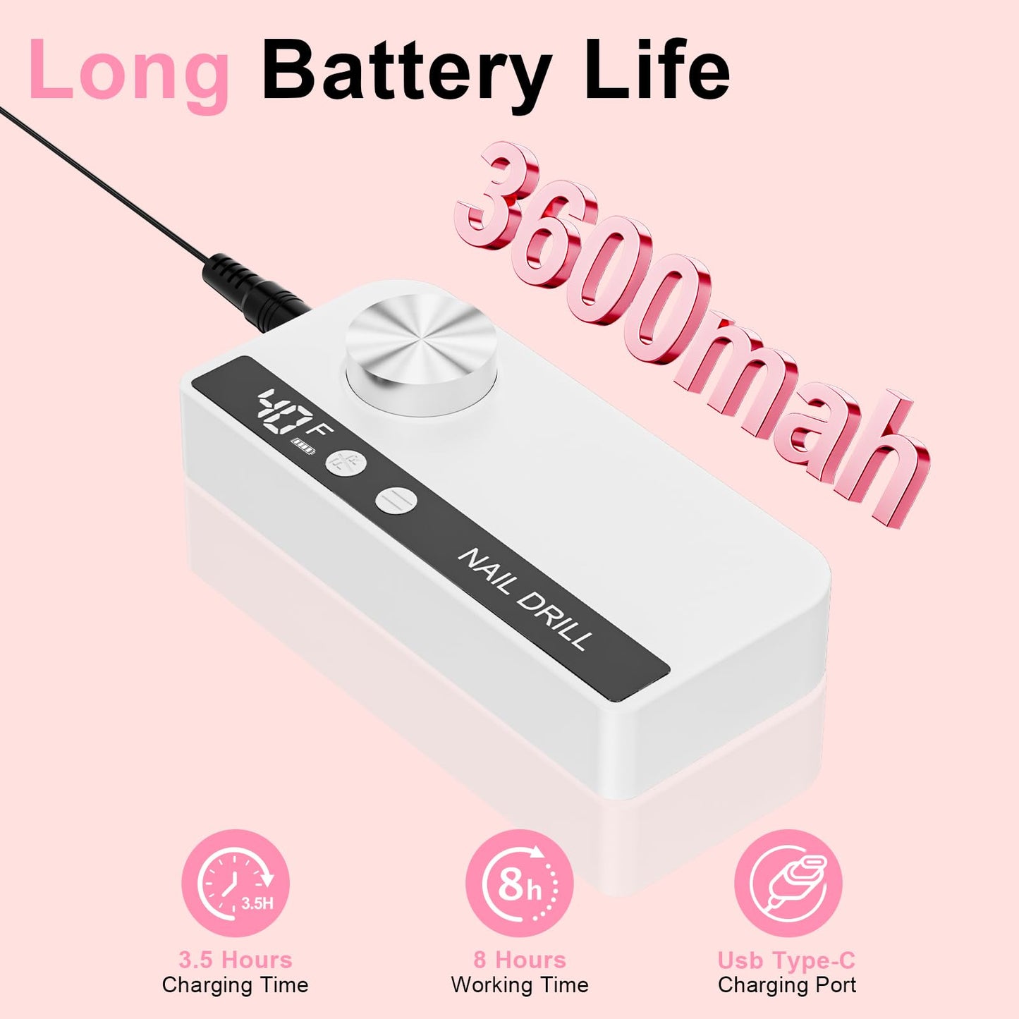 Professional Electric Nail Drill 40000RPM for Salon Home Use, Rechargeable Nail File Machine Kit with 12PCS Bits for Acrylic Gel Nails, Portable Efile Manicure Pedicure Tool (White)