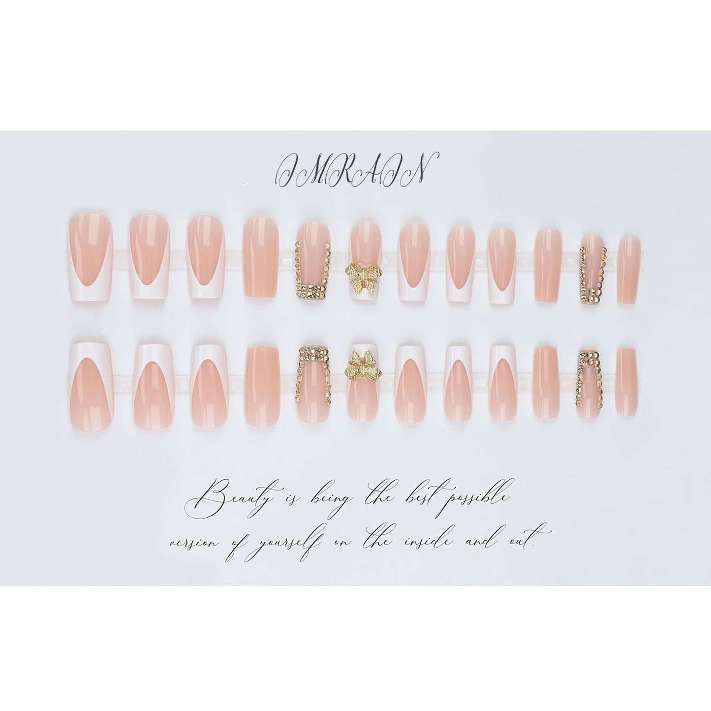 IMRAIN Long Square Press on Nails Golden French Tips Fake Nails with Rhinestone & Bow Designs Glossy Gel False Nails Artificial Stick on Nails for Women 24Pcs