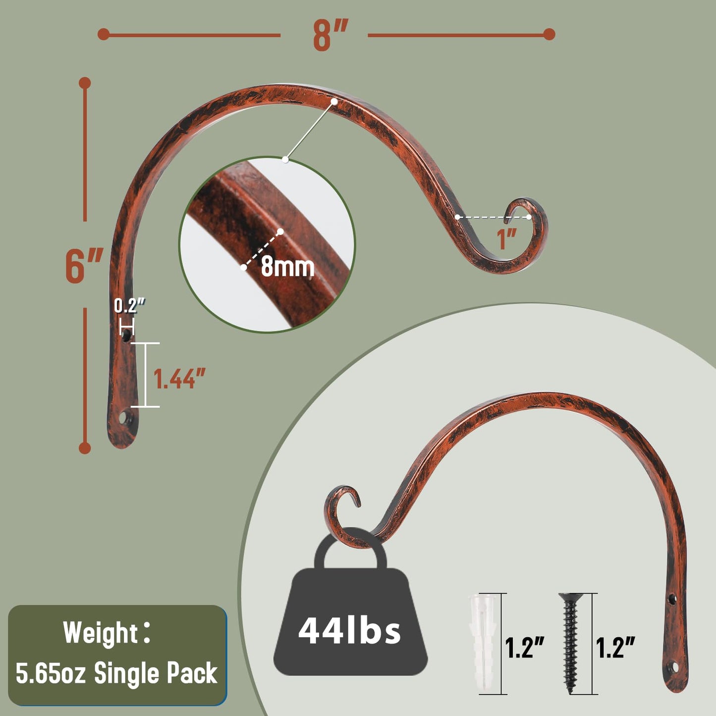 FEED GARDEN 2 Pack 8 Inch Hanging Plant Bracket Wall Hooks Decorative Plant Hangers for Outdoor Hanging Bird Feeders, Wind Chimes, Plant Baskets, Antique Bronze
